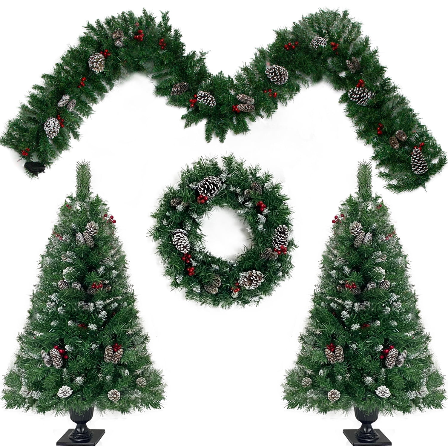 Kadyn 4-Piece Pre-lit Set Christmas Decorations, Christmas Fireplace Decorations, Front Porch Christmas Decorations, Artificial Christmas Garland, Wreath and Set of 2 4ft Christmas Tree, Dark Green Kadyn 4-Piece Pre-lit Set Christmas Decorations, Christmas Fireplace Decorations, Front Porch Christmas Decorations, Artificial Christmas Garland, Wreath and Set of 2 4ft Christmas Tree, Dark Green