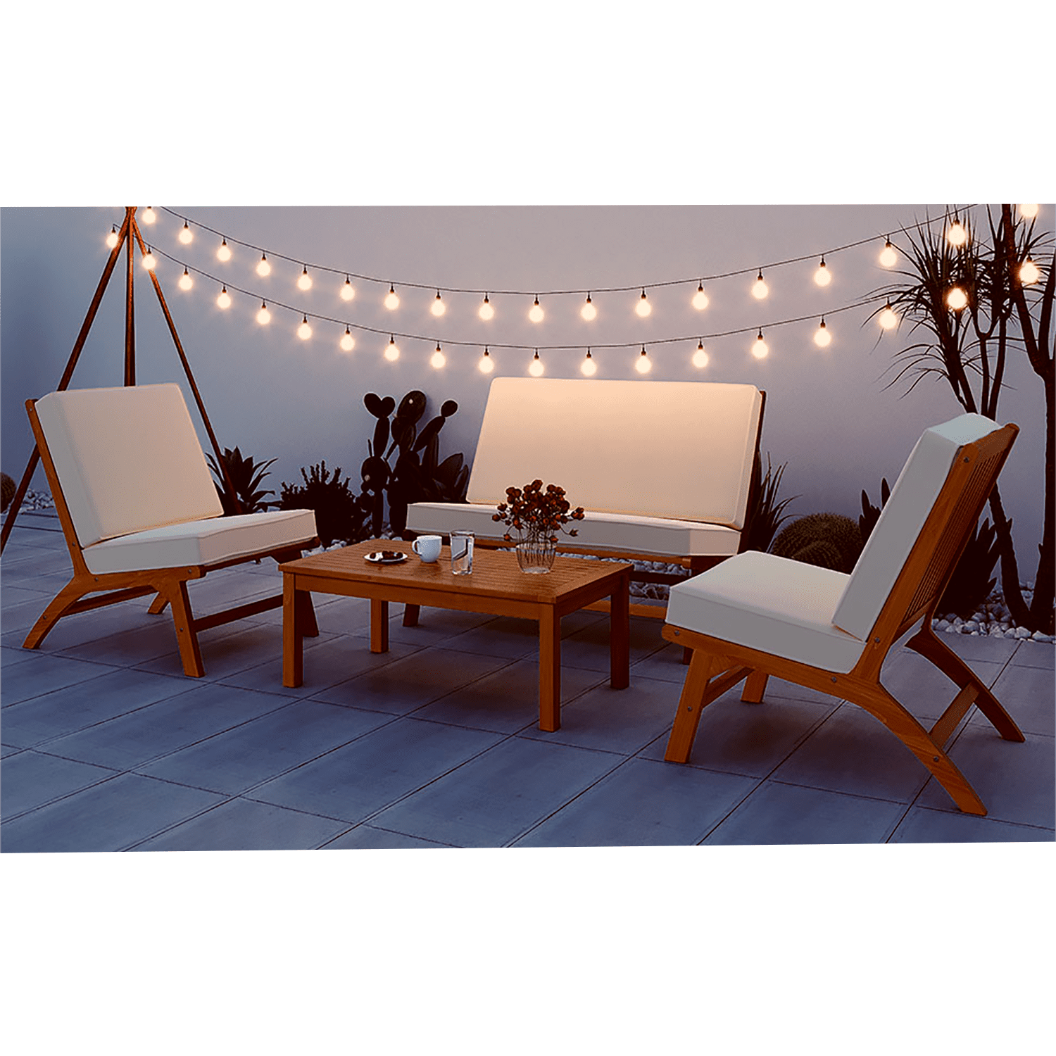 Kadyn 4-Piece V-shaped Seats Set, 2 Single Chairs,1 Rectangular Table,Double Chair, Acacia Wood Outdoor Sofa for Garden, Beige