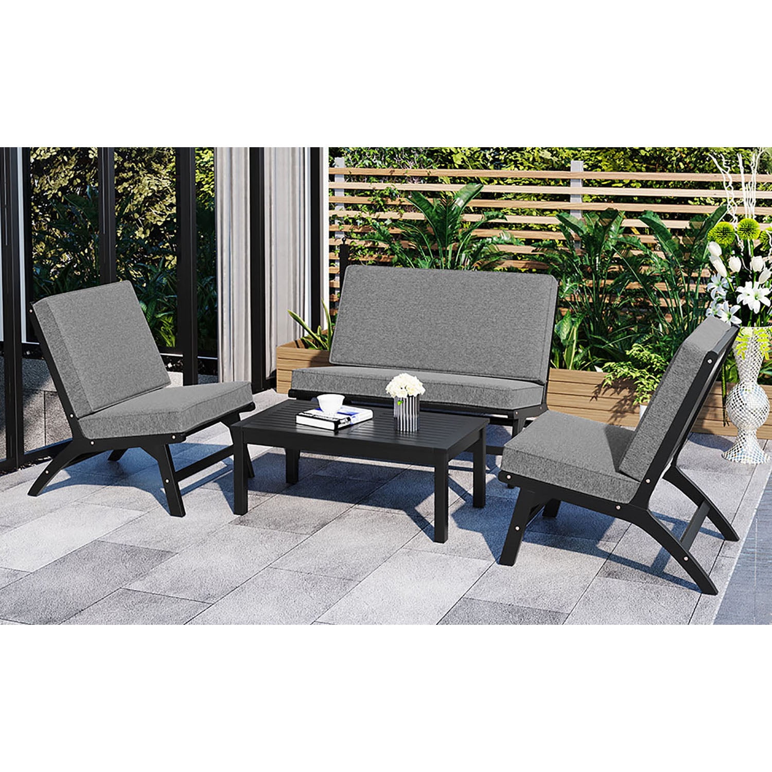 Kadyn 4-Piece V-shaped Seats Set, 2 Single Chairs,1 Rectangular Table,Double Chair, Solid Wood Outdoor Sofa for Garden, Black+ Gray