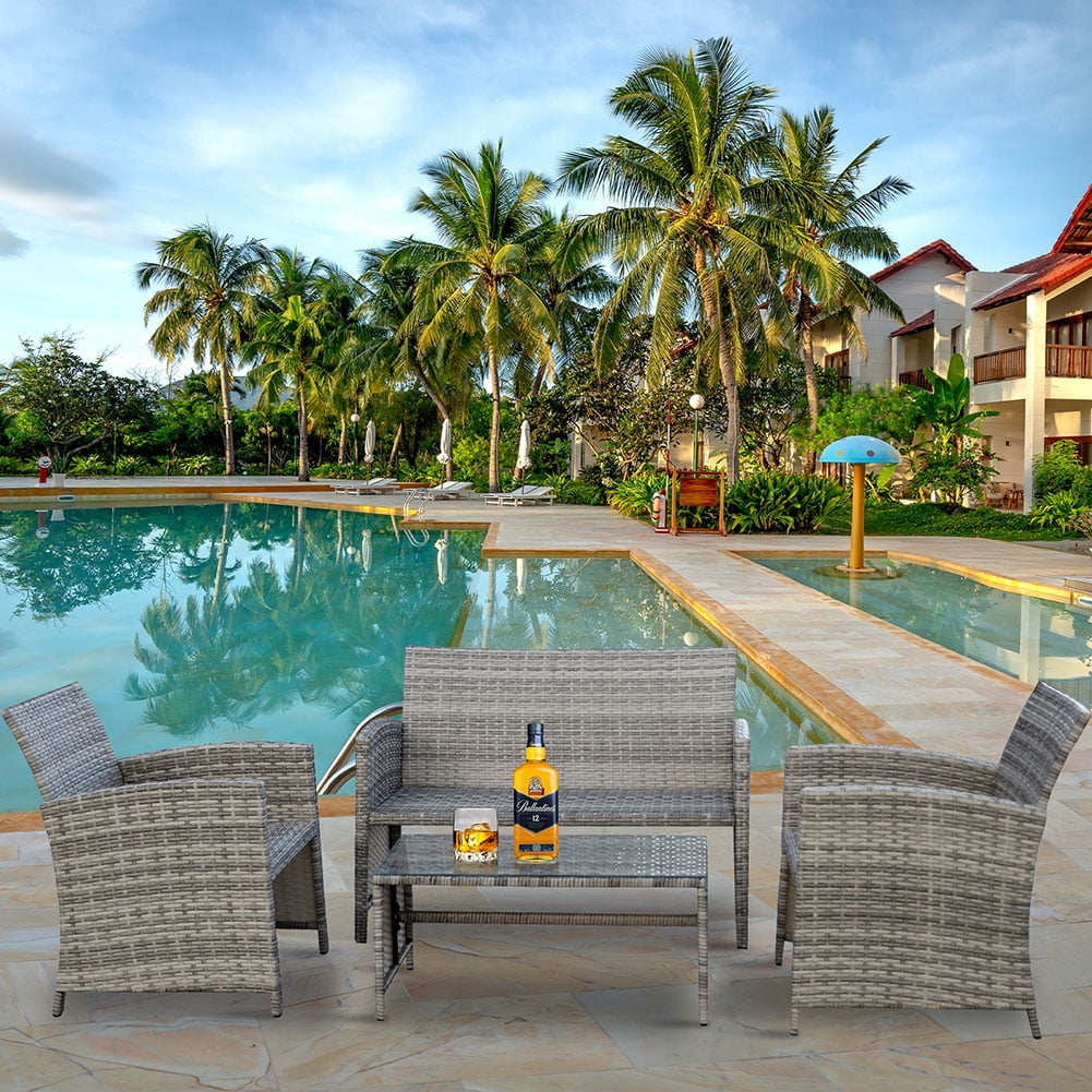 Kadyn 4 Pieces Conversation Sets, Outdoor Patio Wicker Furniture Sets with 2 Single Chairs, Double Chair and Coffee Table, Rattan Conversation Set for Homes, Grey Kadyn 4 Pieces Conversation Sets, Outdoor Patio Wicker Furniture Sets with 2 Single Chairs, Double Chair and Coffee Table, Rattan Conversation Set for Homes, Grey