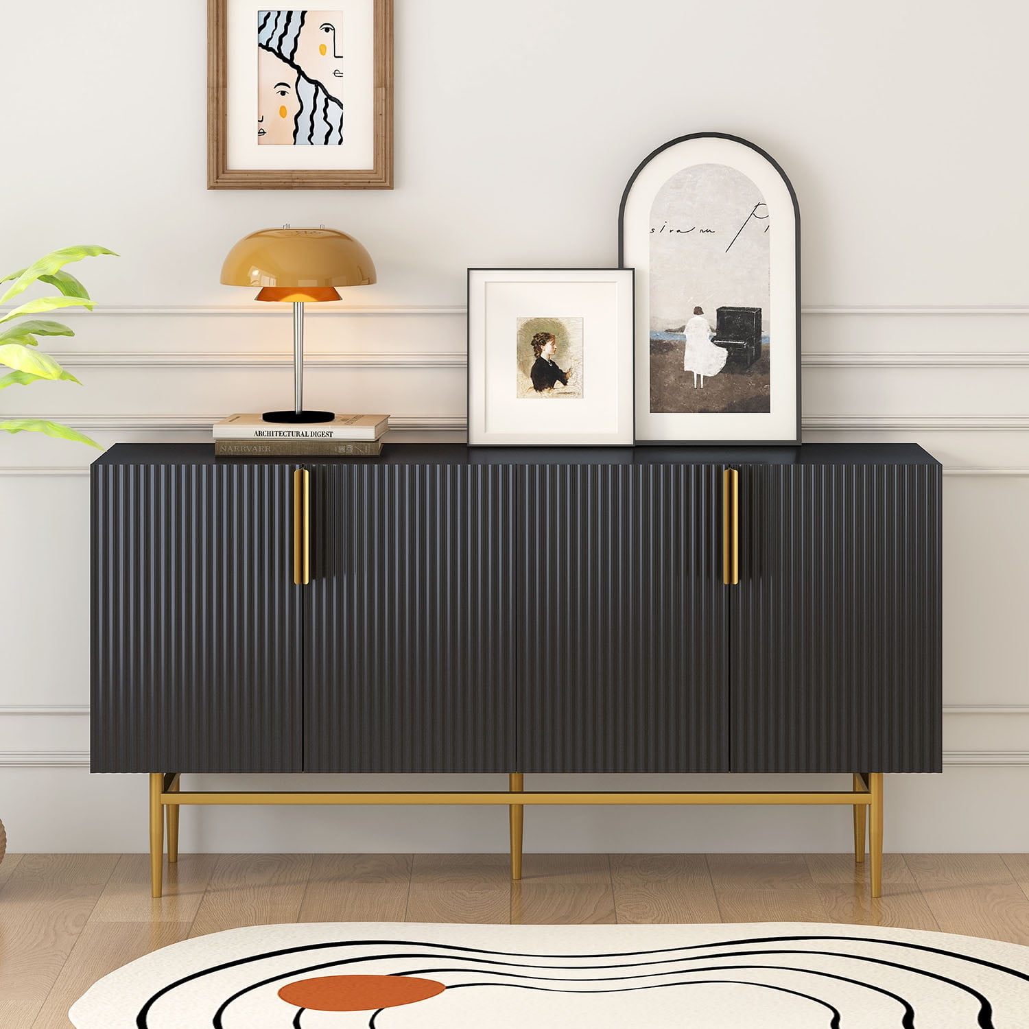 Kadyn 4-door Sideboard Buffet Cabinet, Accent Storage Cabinet with Gold Metal Handle, Kitchen Storage Cabinet for Hallway, Black