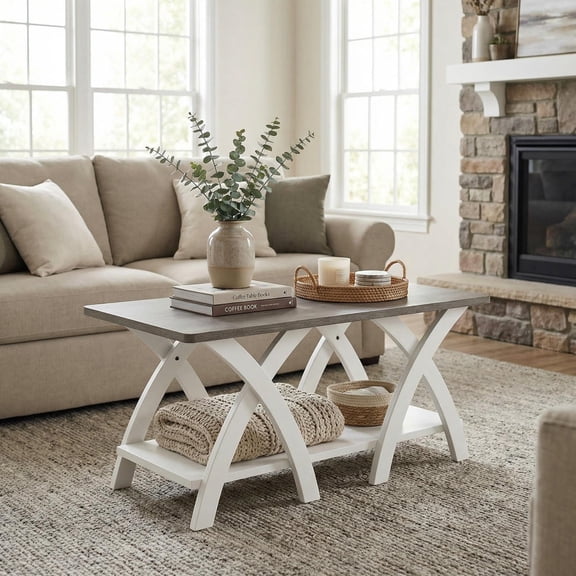 Kadyn 40 Inch Farmhouse Coffee Table with Storage Shelf, X-Shaped Legs, Rustic Design for Country Living Room, Cabin Decor, Gray