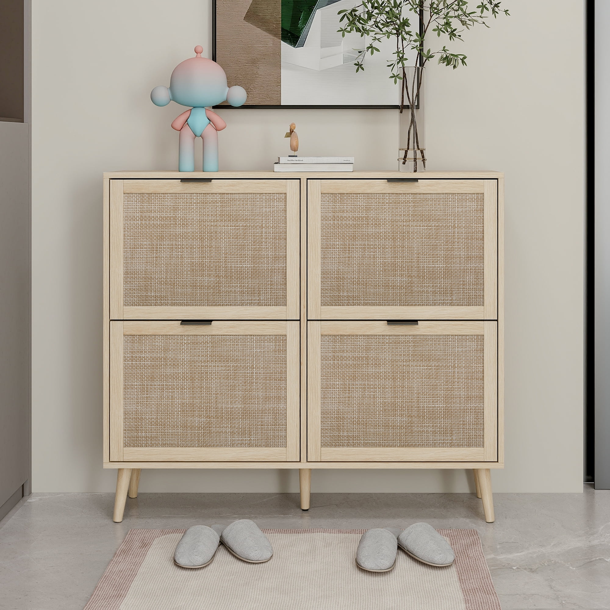 Kadyn 41.34" Natural Rattan 4 Door Shoe Rack, Freestanding Shoe Rack Storage Organizer for Entryway, Shoe Storage Cabinet