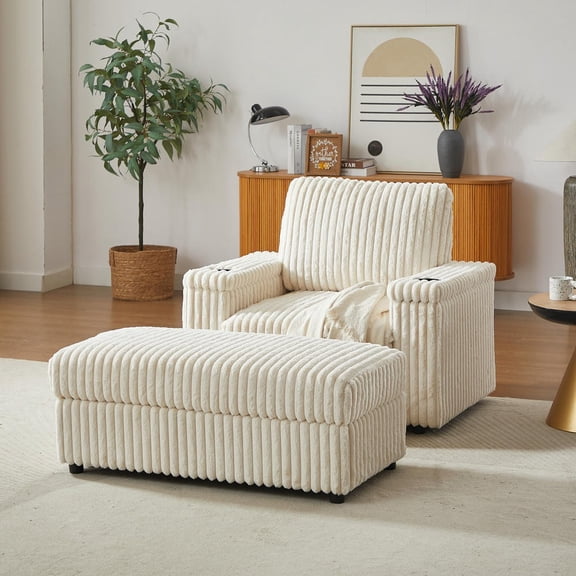 Kadyn 42.5-Inch Single Recliner Chair with Removable Back Cushion, Storage Footrest and Cup Holder, Compact Reclining Sofa for Small Spaces, Apartment, Den, Beige