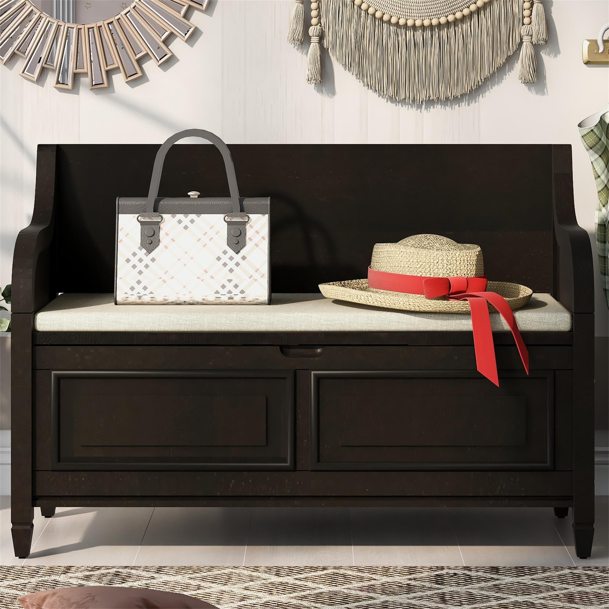 Kadyn 42" Entryway Multifunctional Storage Bench, Pine Storage Bench with Safety Hinge, Rustic Style Solid Wood Entryway Bench for Living Room, Espresso