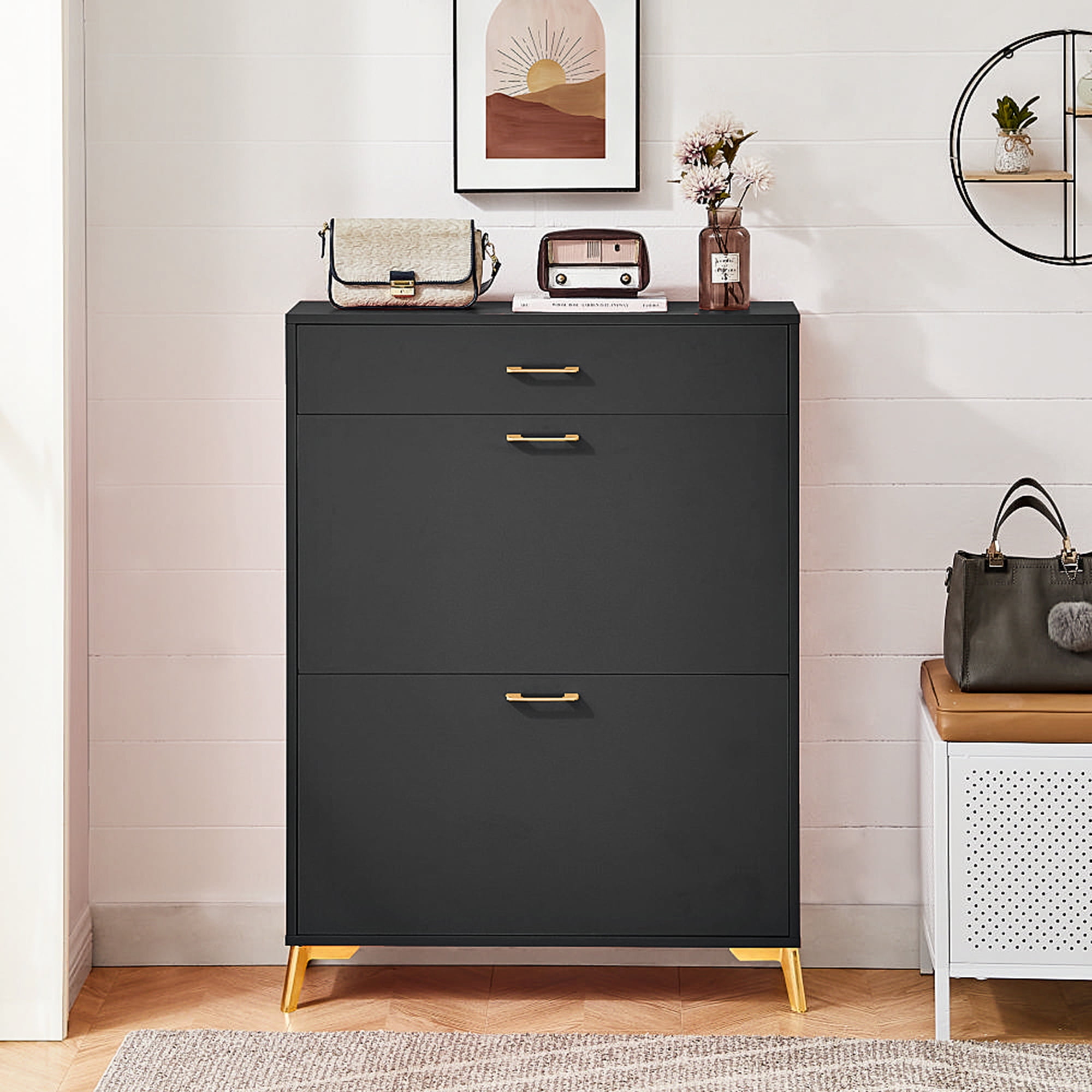 Kadyn 43.00"H Shoe Cabinet, Freestanding Shoe Rack Storage Organizer with Drawer, Entryway Shoe Storage Organizer, Black