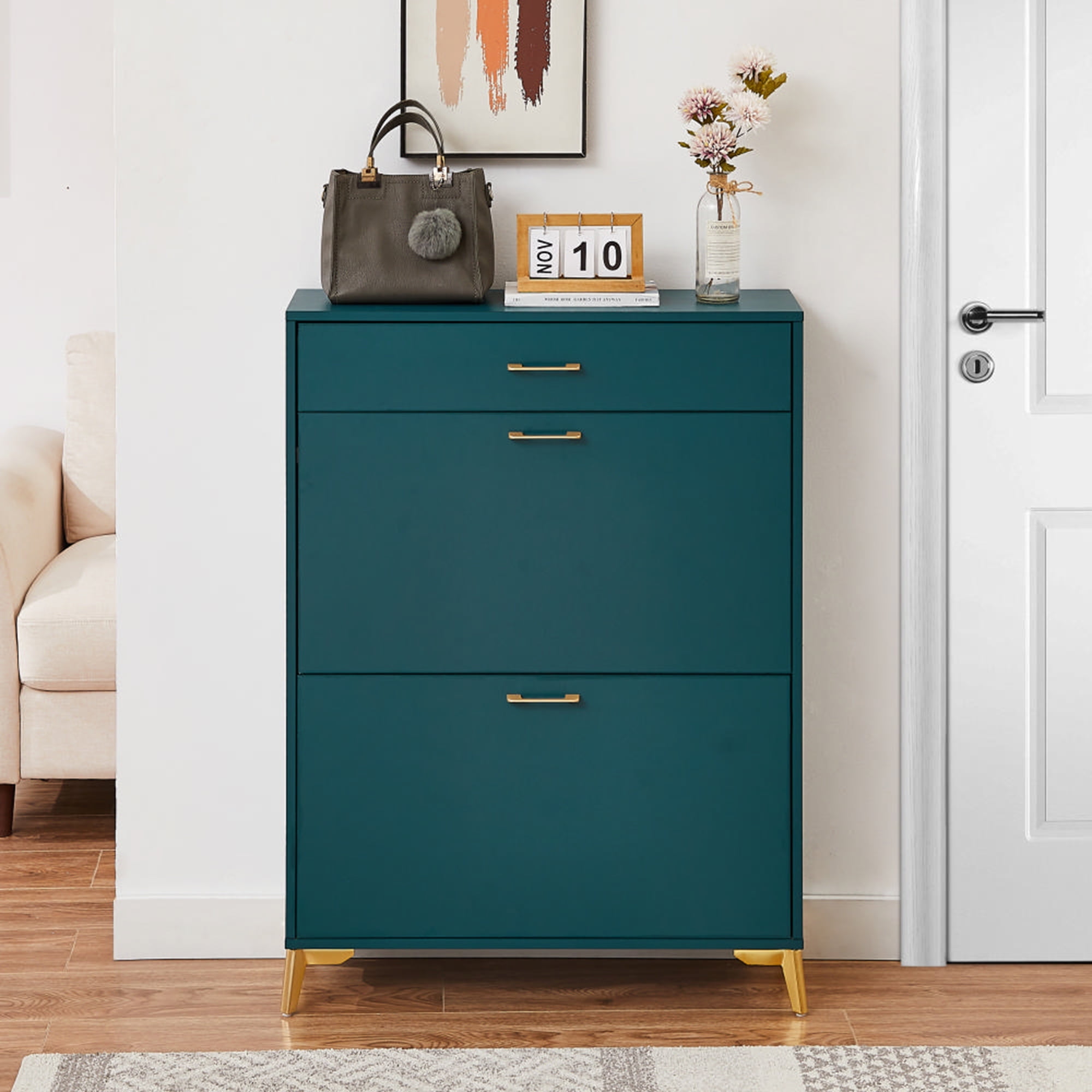 Kadyn 43.00"H Shoe Cabinet, Freestanding Shoe Rack Storage Organizer with Drawer, Entryway Shoe Storage Organizer, Green Kadyn 43.00"H Shoe Cabinet, Freestanding Shoe Rack Storage Organizer with Drawer, Entryway Shoe Storage Organizer, Green