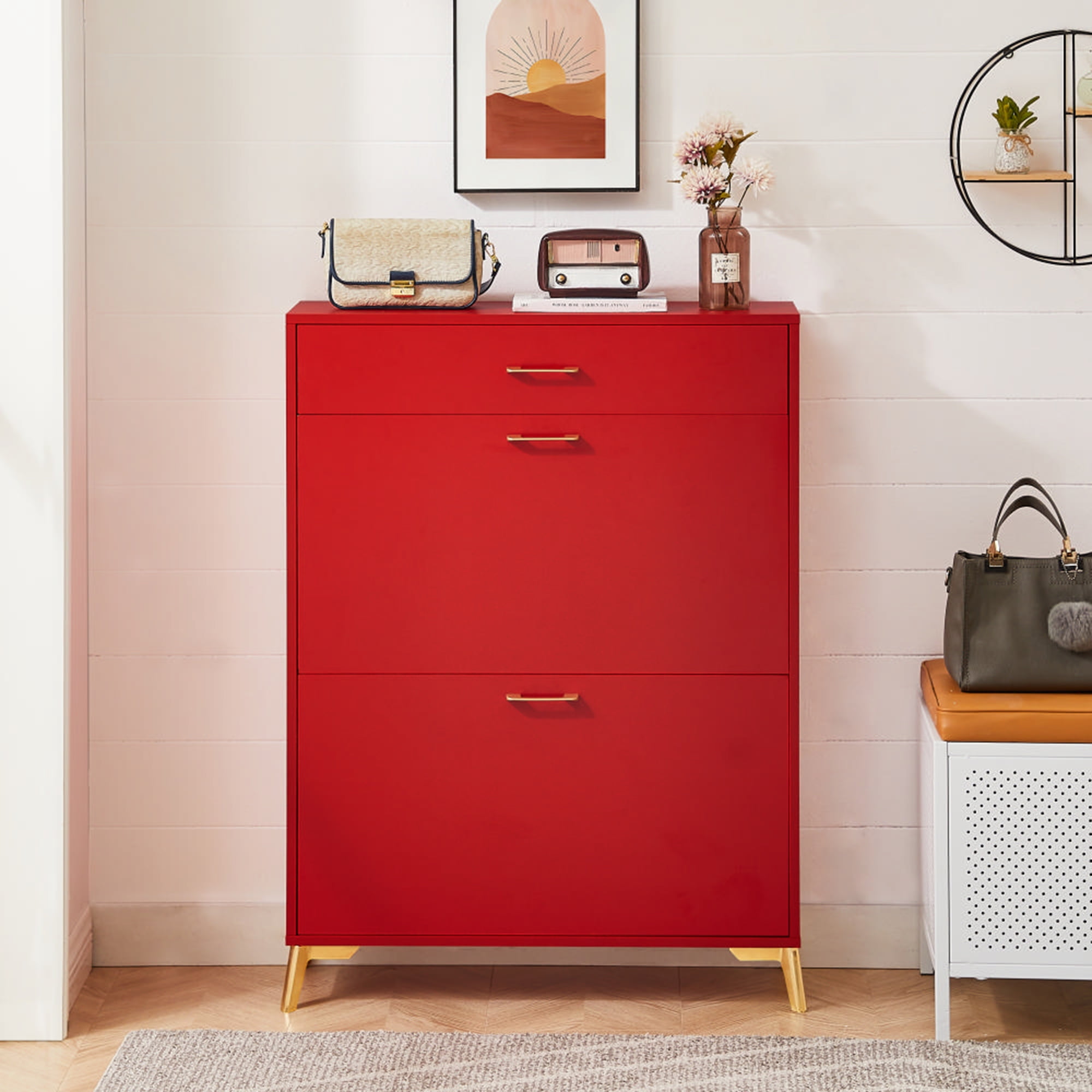 Kadyn 43.00"H Shoe Cabinet, Freestanding Shoe Rack Storage Organizer with Drawer, Entryway Shoe Storage Organizer, Red Kadyn 43.00"H Shoe Cabinet, Freestanding Shoe Rack Storage Organizer with Drawer, Entryway Shoe Storage Organizer, Red