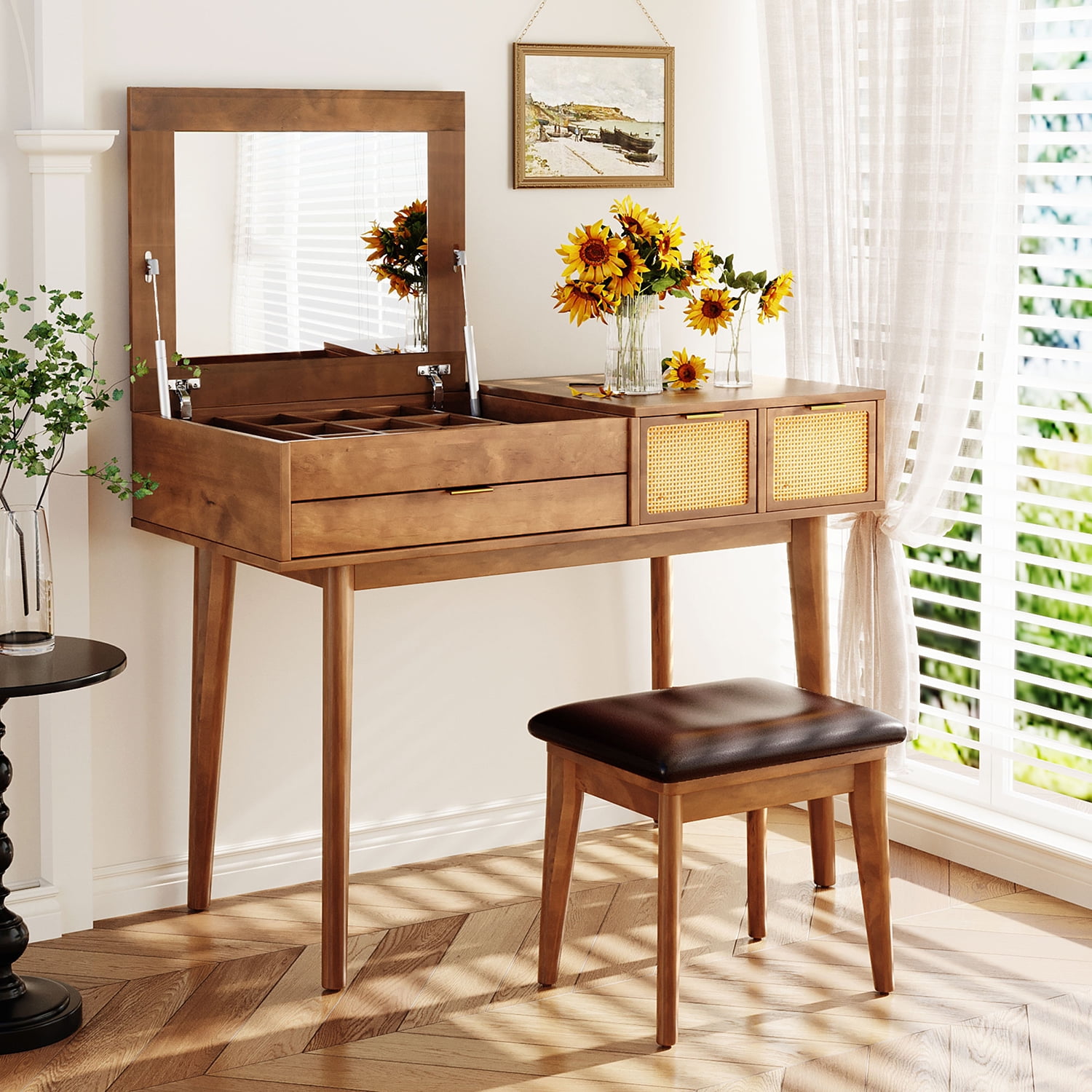Kadyn 43.3" Classic Wood Makeup Vanity Set with Flip-top Mirror and Stool, Dressing Table with 3 Drawers, Brown Kadyn 43.3" Classic Wood Makeup Vanity Set with Flip-top Mirror and Stool, Dressing Table with 3 Drawers, Brown