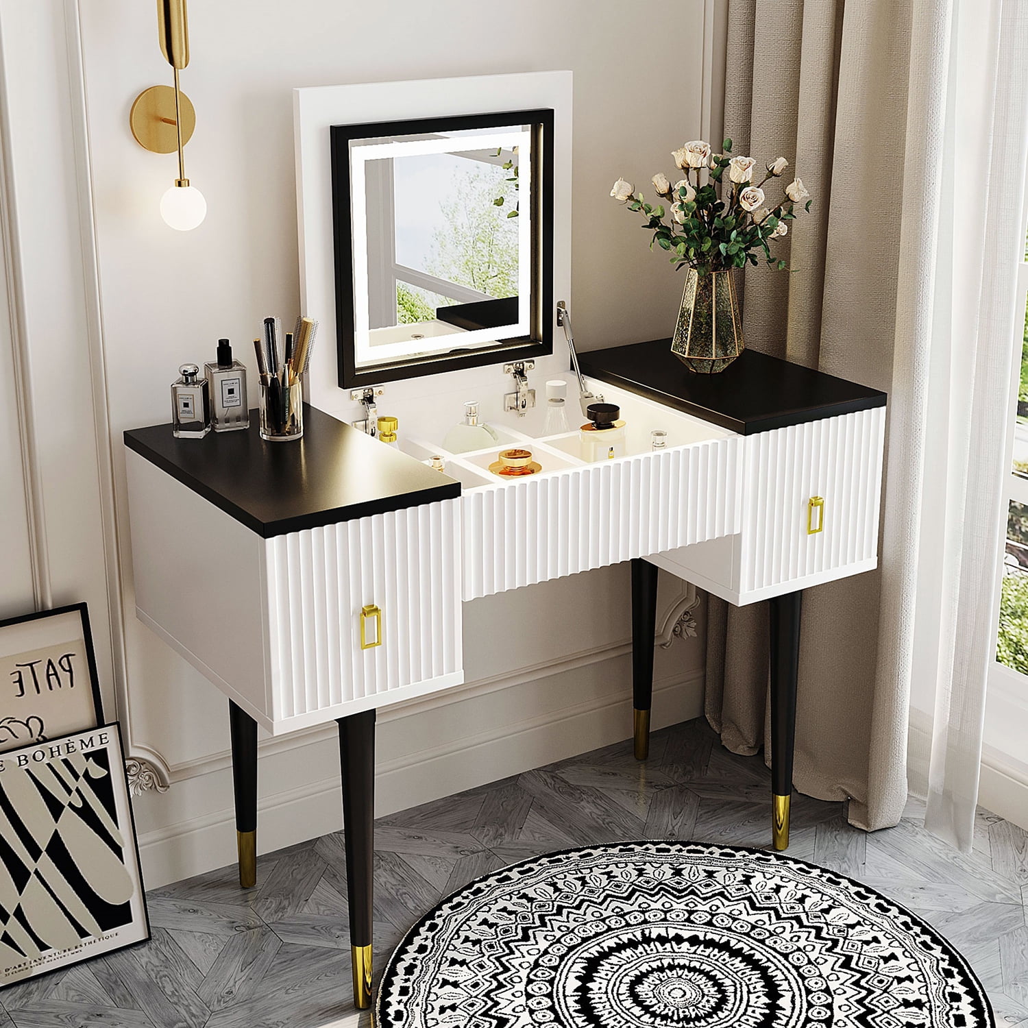 Kadyn 43.3" Modern Vanity Table Set with Flip-top Mirror and LED Light, Dressing Table with Customizable Storage, Black White