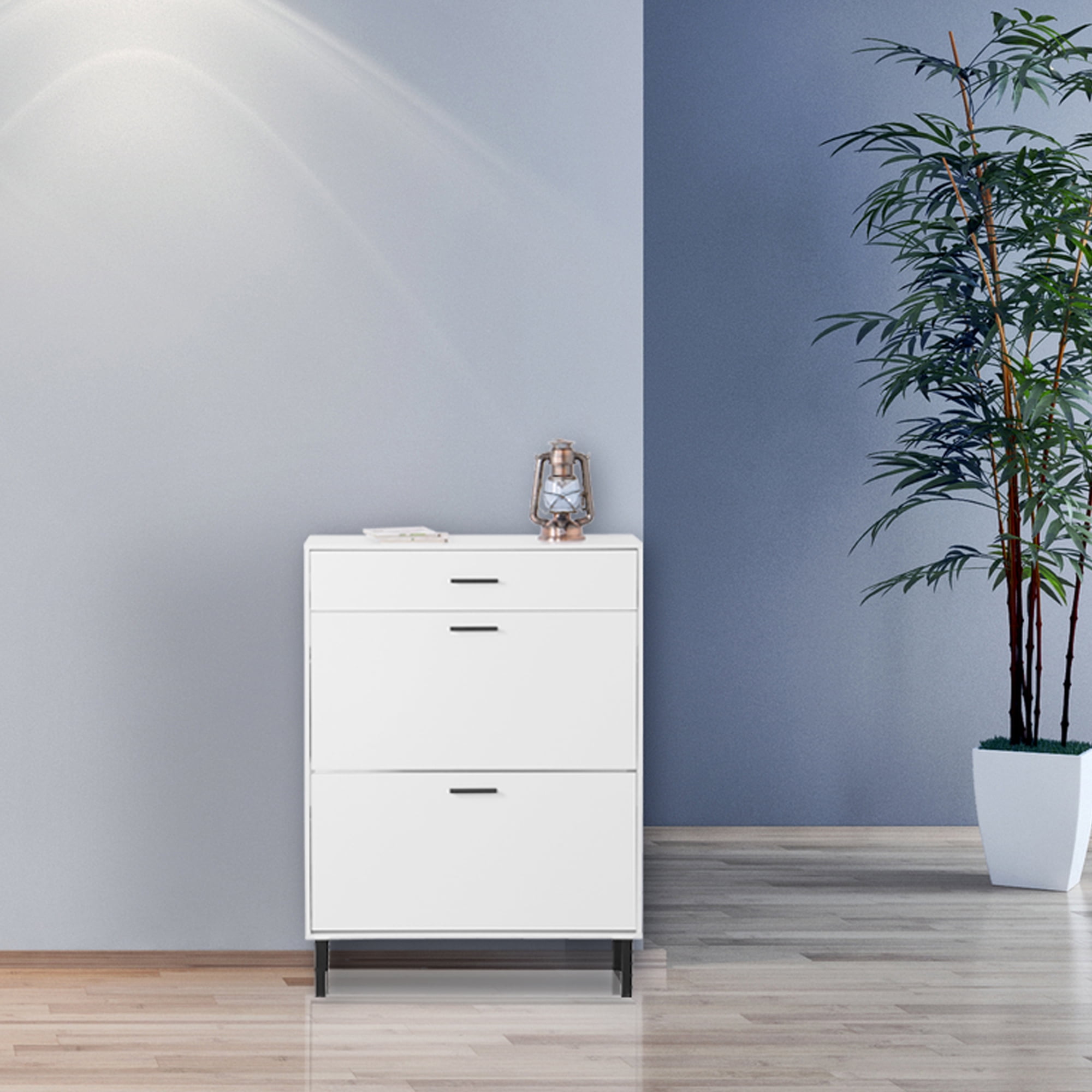 Kadyn 43.30"H Shoe Cabinet, Freestanding Shoe Rack Storage Organizer with Drawers & Metal Legs, White Shoe Storage Cabinet with 2 Flip Drawers for Entryway