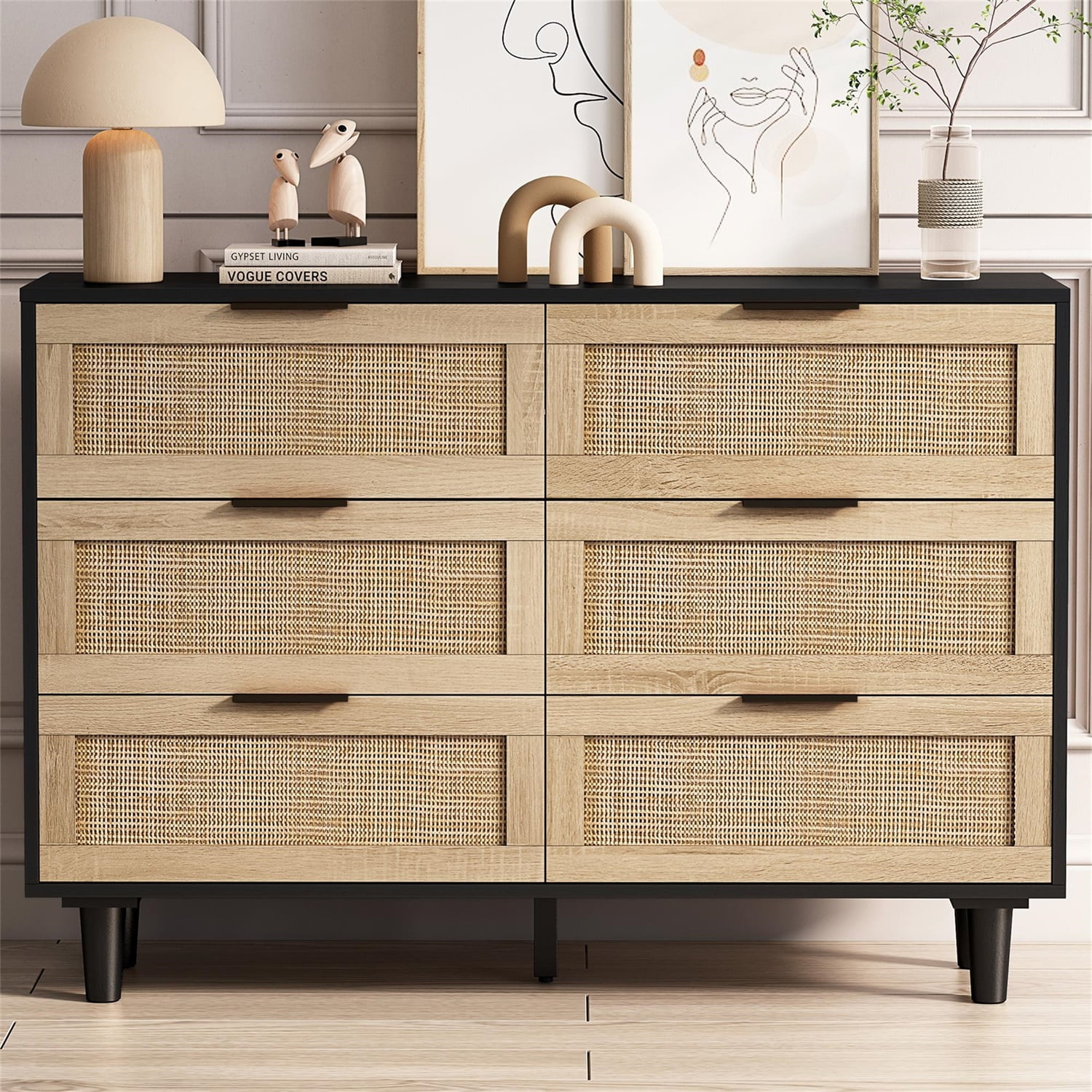 Kadyn 43.31"H 6-Drawers Rattan Storage Cabinet, Chest of Drawers for Bedroom, Black Nursery Dresser