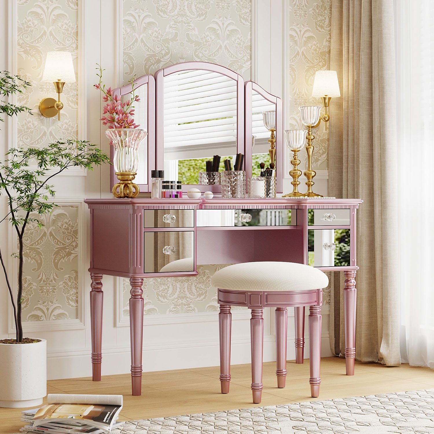 Kadyn 43" Dressing Table Set with Mirrored Drawers and Stool, Tri-fold Mirror, Makeup Vanity Set for Bedroom, Rose Gold