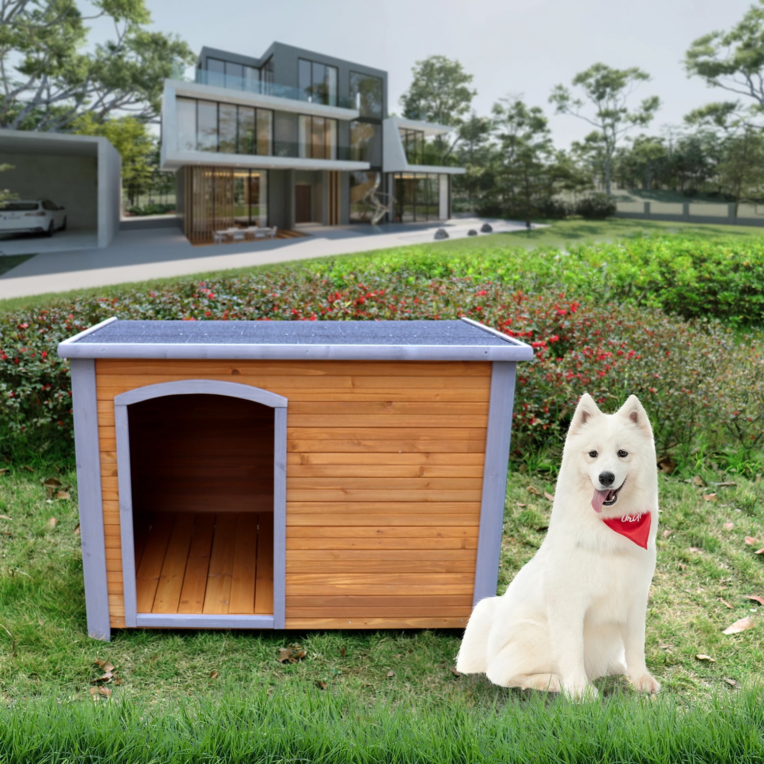 Kadyn 44.50" Dog House Outdoor & Indoor Wooden Dog Kennel for Winter with Raised Feet Weatherproof for Large Dogs, Natural Dog Crate Kadyn 44.50" Dog House Outdoor & Indoor Wooden Dog Kennel for Winter with Raised Feet Weatherproof for Large Dogs, Natural Dog Crate