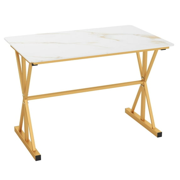 Kadyn 44 Inches Sintered Stone Dining Room Table with Metal Frame and Faux Marble Tabletop, Dining Table for Dining Room, Living Room, Restaurant, White