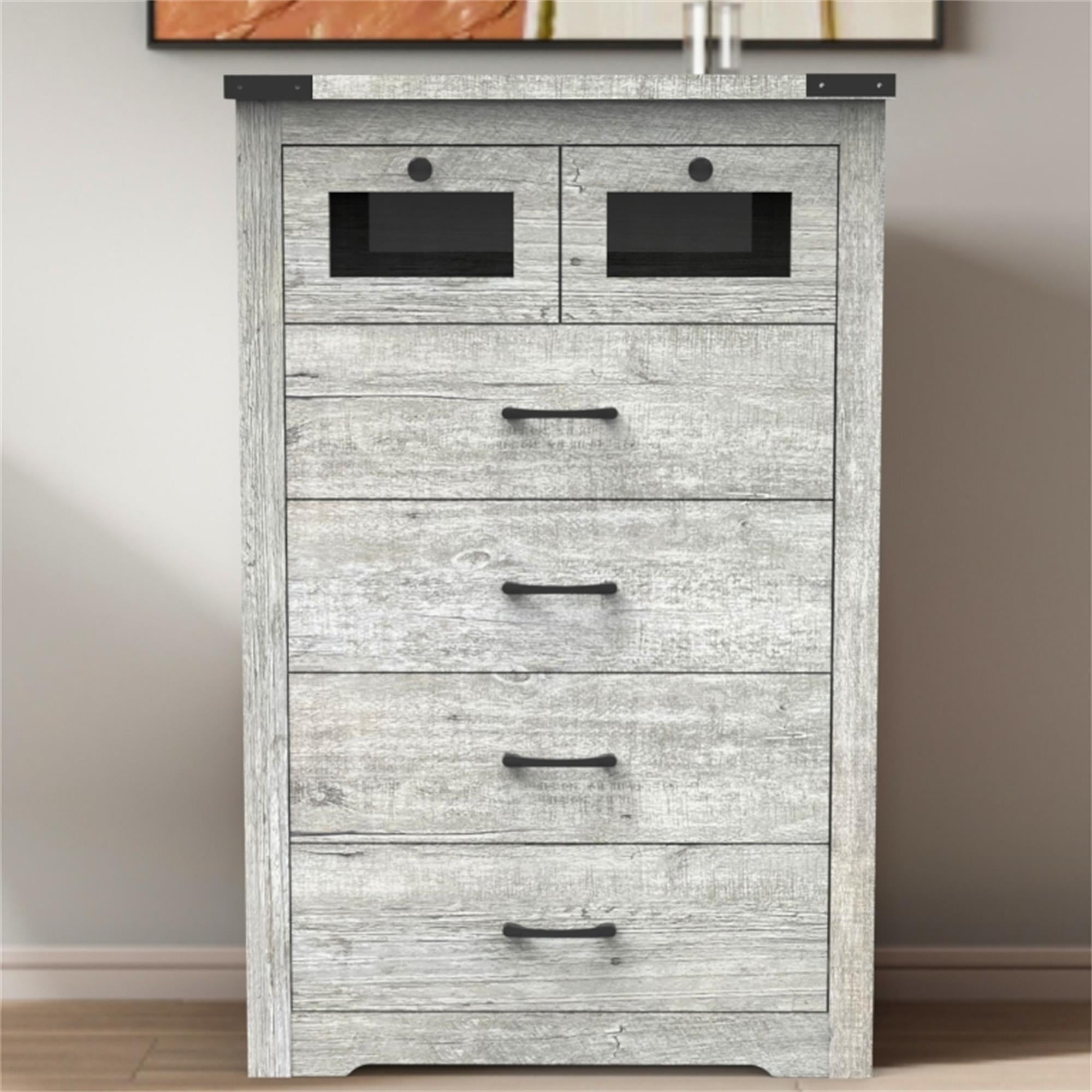 Kadyn 46" Chest of Drawers, Sideboard Buffet Cabinet with 6 Drawers and LED Light, Dresser for Bedroom, Cement Grey