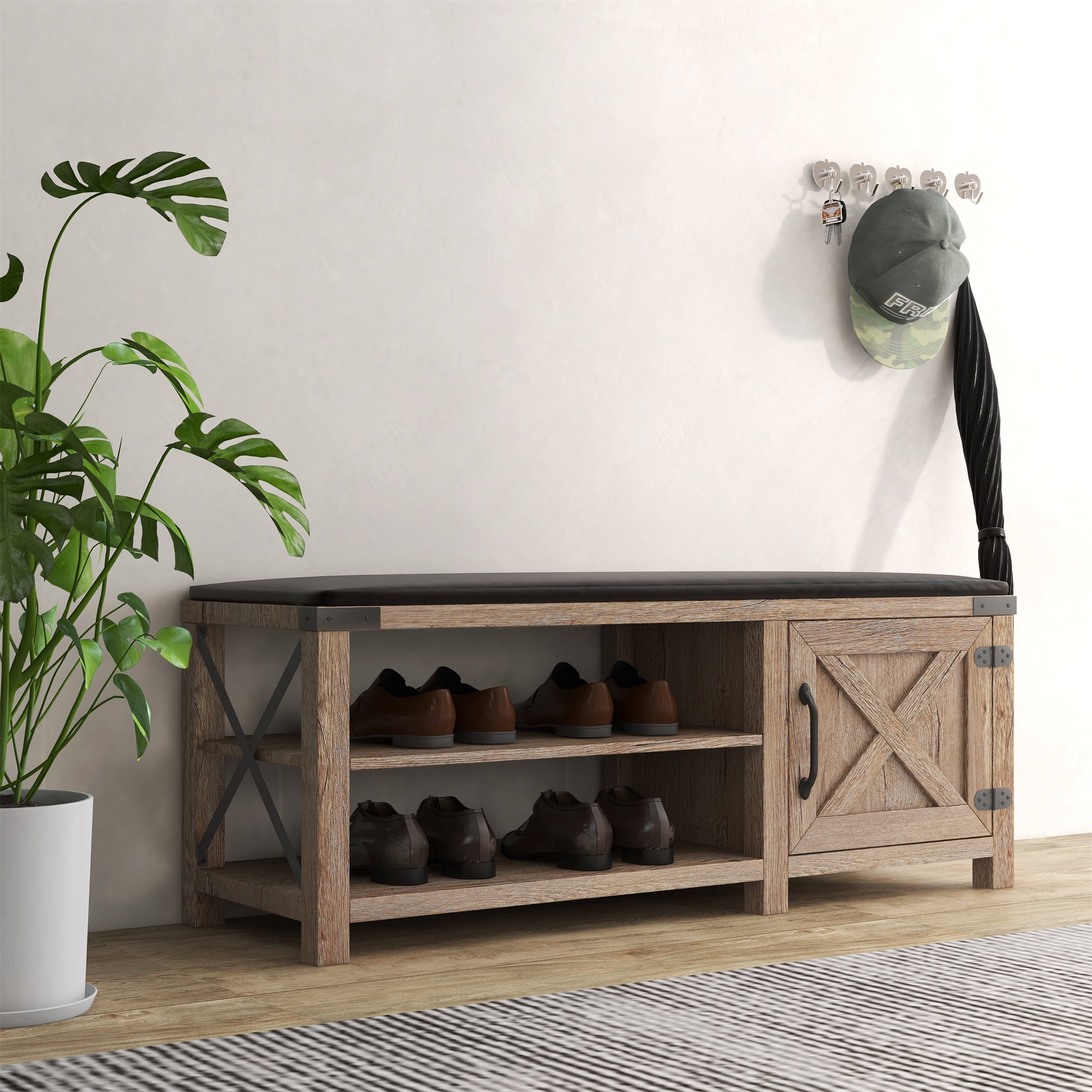 Kadyn 47.24" Modern Farmhouse Shoes Bench With Seat Cushion, Light Brown Kadyn 47.24" Modern Farmhouse Shoes Bench With Seat Cushion, Light Brown