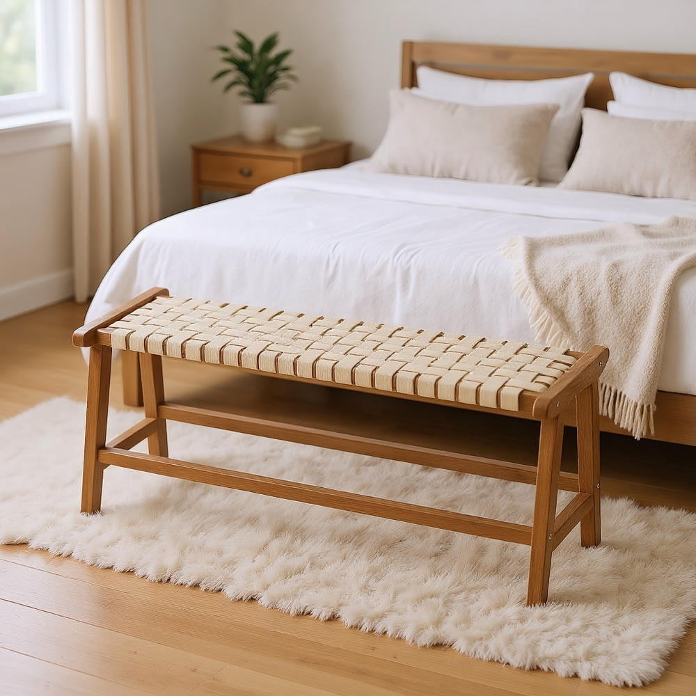 Kadyn 47 Inch Teak Wood Patio Bench with Weave Seat and Solid Wood Legs, Outdoor Seating for Garden, Patio, Deck Furniture, Natural
