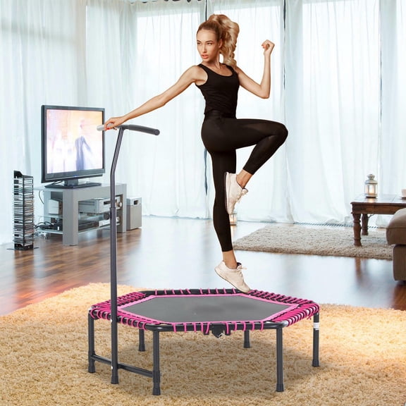 Kadyn 48" Toddler Trampolines with Adjustable Bar and Hexagon Rebounder, Outdoor Toddler Trampolines for Outdoor, Pink