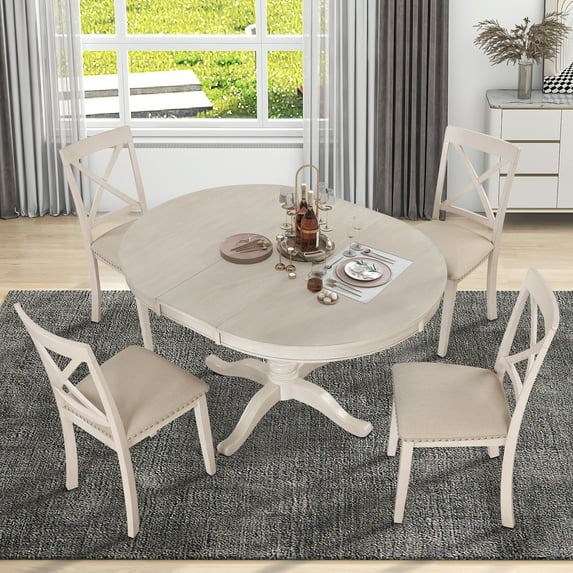 Kadyn 5 Piece Kitchen Dining Table and Chair Set, Dining Table Set for 4, Round Table and 4 Kitchen Room Chairs, Antique White