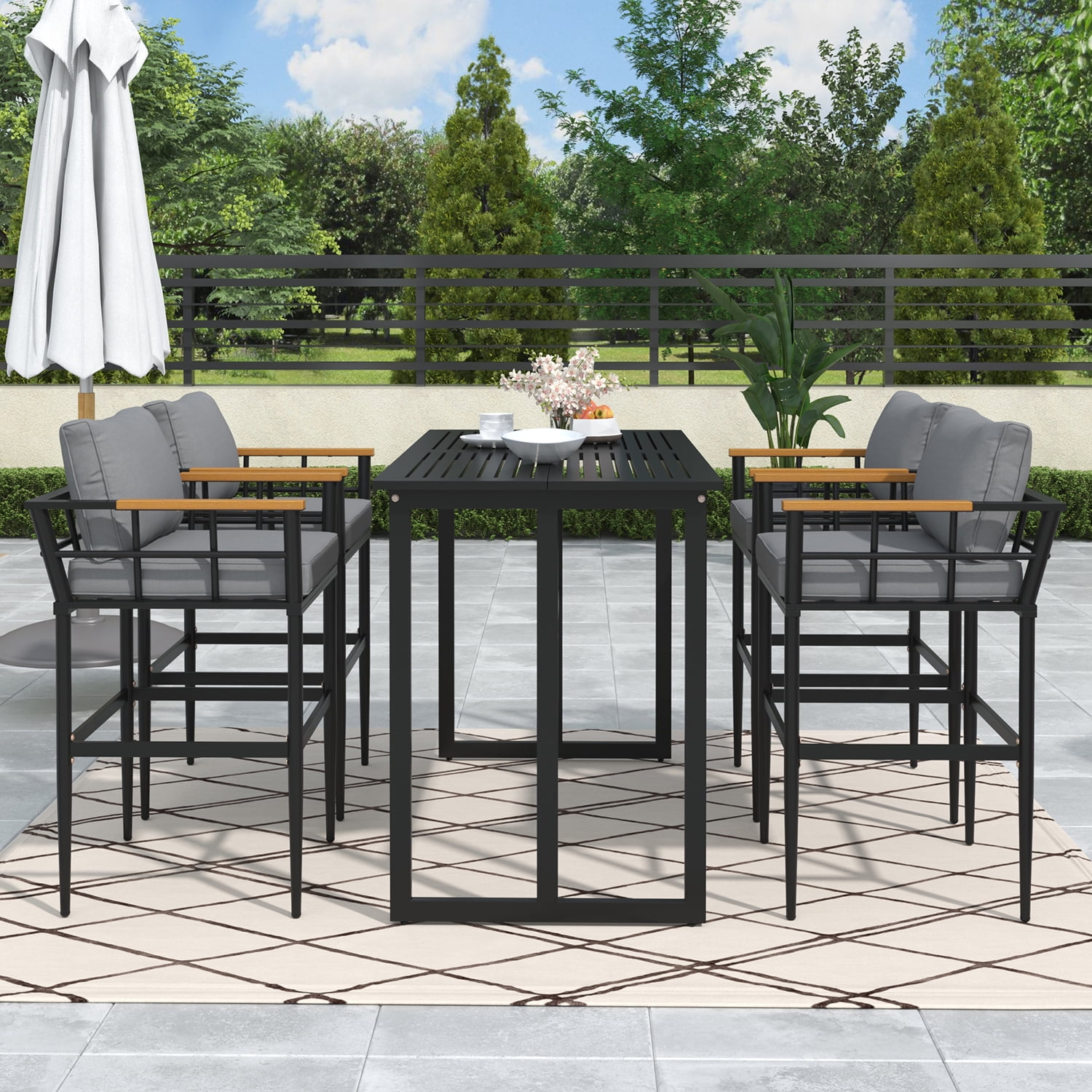 Kadyn 5-Piece Steel Outdoor Dining Set, Patio Dining Set for Balcony Or Backyard with Acacia Wood Armrest Suitable, Black