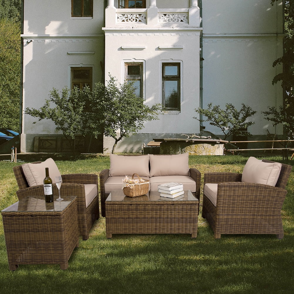 Kadyn 5 Pieces Patio Furniture Set, Outdoor Patio Rattan Furniture Sofa Set for Bistro, PE Rattan Conversation Set with 2 Table, Loveseat and 2 Single Chairs, Khaki
