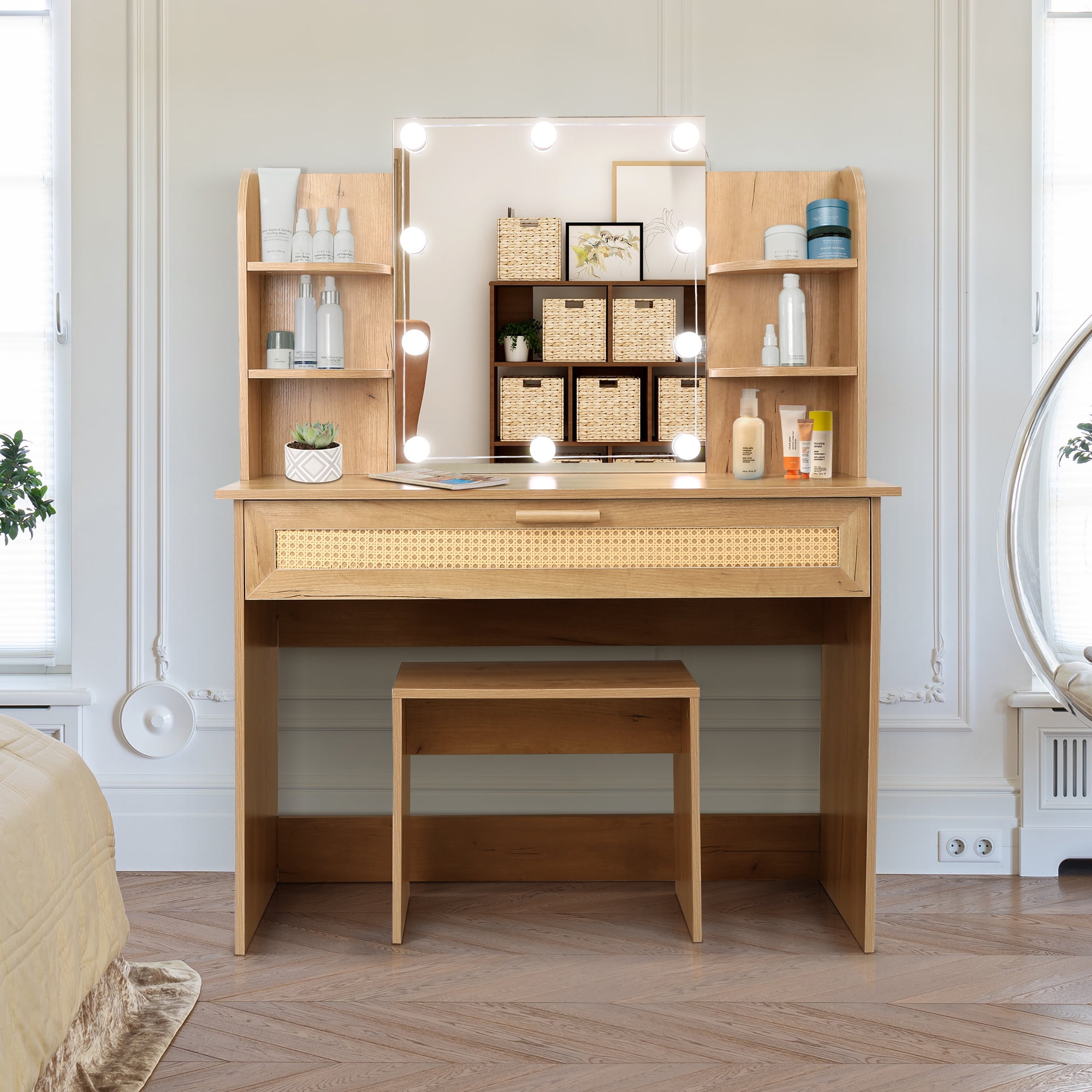 Kadyn 51" Vanity Desk Set Stool & Dressing Table with LED Lighting Mirror Drawer and Compartments Modern Wood Cosmetic Table Chest of Drawers Nature Color