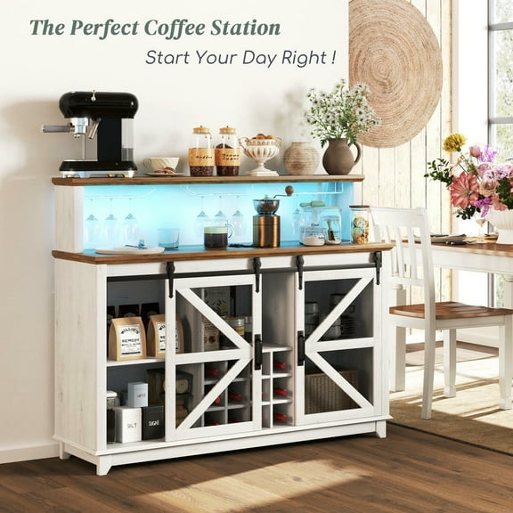 Kadyn 55" Sideboards with Wine and Glass Racks, Buffet Cabinet with Lights for Kitchen, Dining Room, White