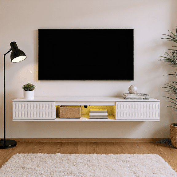 Kadyn Modern Wall-Mounted TV Stand with 2 Doors, White Floating Entertainment Center with Storage Shelf, Media Cabinet with Colorful Light Strip for Living Room