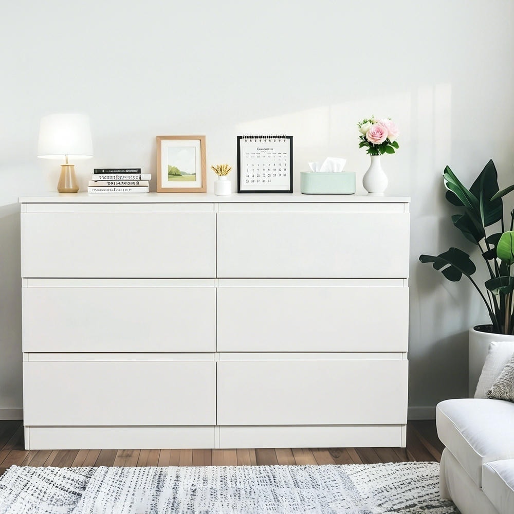 Kadyn 6 Drawer Black Dresser, Modern Chest of Drawers with Concealed Handles & 6 Deep Drawers for Bedroom, Living Room, Entryway, White