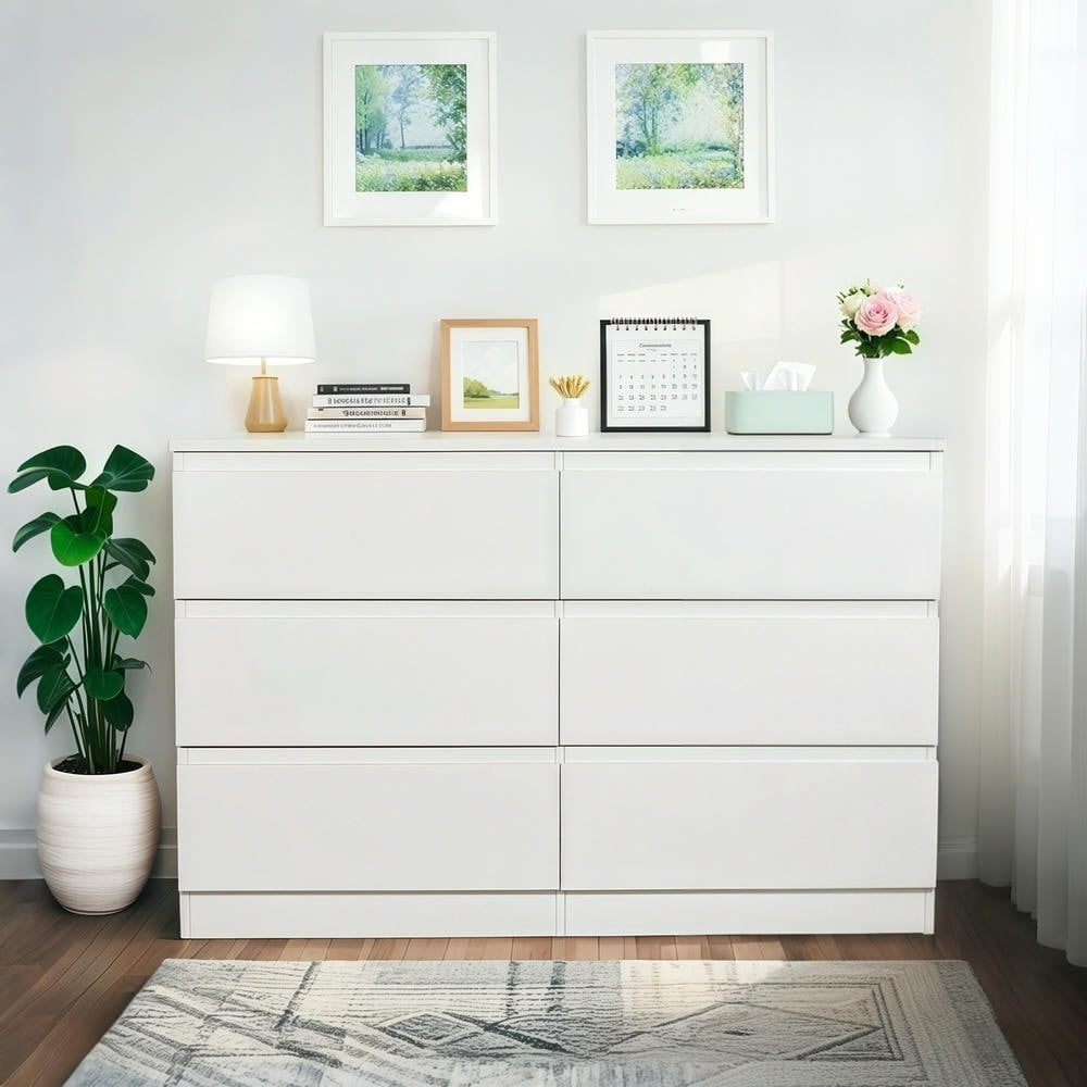 Kadyn 6 Drawer Black Dresser, Modern Chest of Drawers with Concealed Handles & 6 Deep Drawers for Bedroom, Living Room, Entryway, White