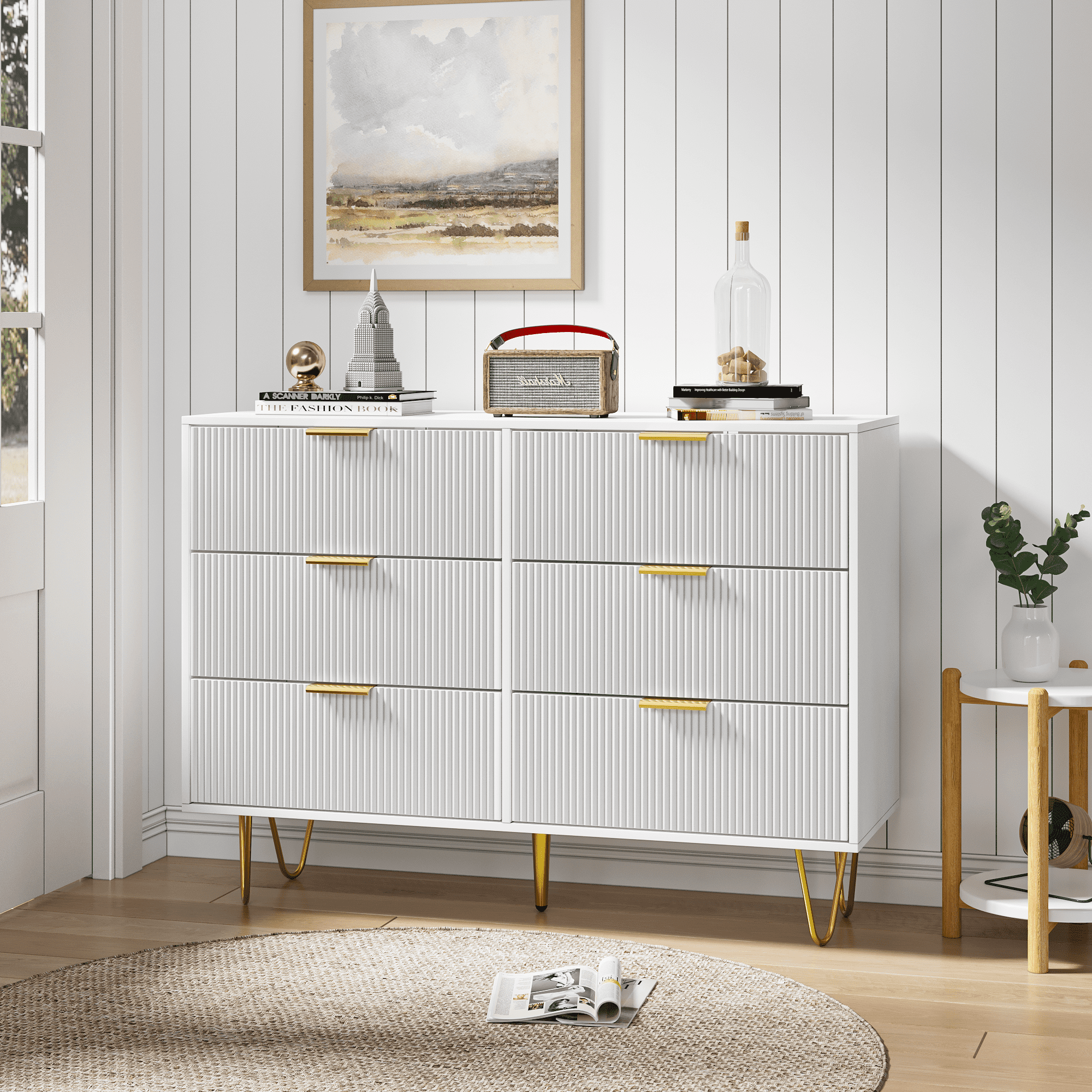 Kadyn 6 Drawer Cabinet, Chest of Drawers for Bedroom, Dressers with Gold Handles, White Kadyn 6 Drawer Cabinet, Chest of Drawers for Bedroom, Dressers with Gold Handles, White