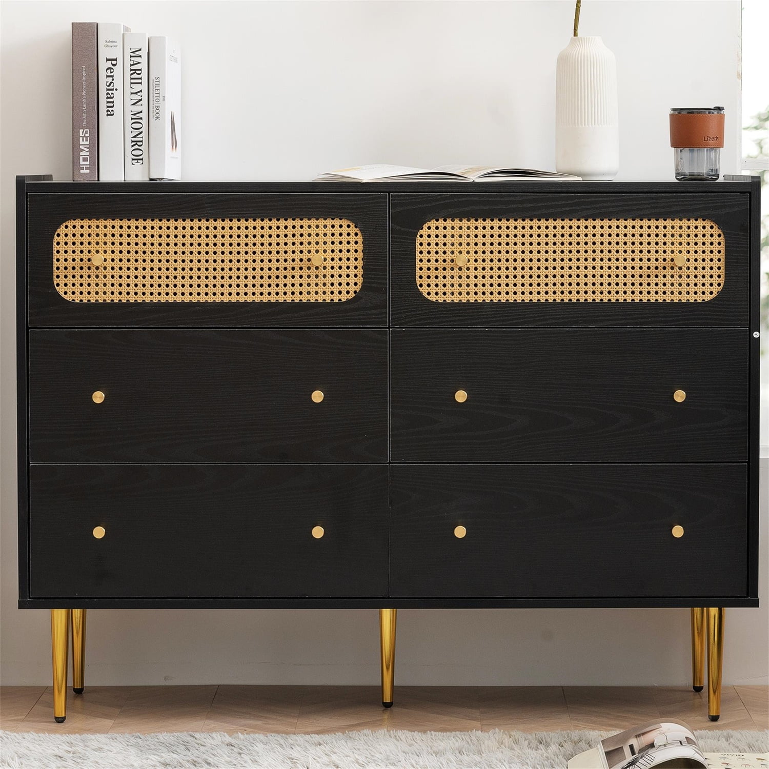 Kadyn 6 Drawer Dresser, Chest of Drawers with Metal legs, Rattan Nursery Dresser for Home Office, Black Kadyn 6 Drawer Dresser, Chest of Drawers with Metal legs, Rattan Nursery Dresser for Home Office, Black