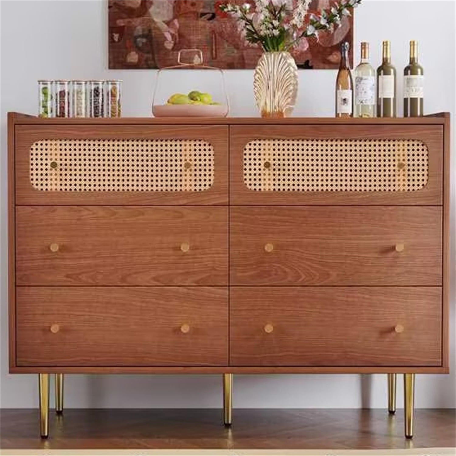 Kadyn 6 Drawer Dresser, Chest of Drawers with Metal legs, Rattan Nursery Dresser for Home Office, Natural Cherry Kadyn 6 Drawer Dresser, Chest of Drawers with Metal legs, Rattan Nursery Dresser for Home Office, Natural Cherry