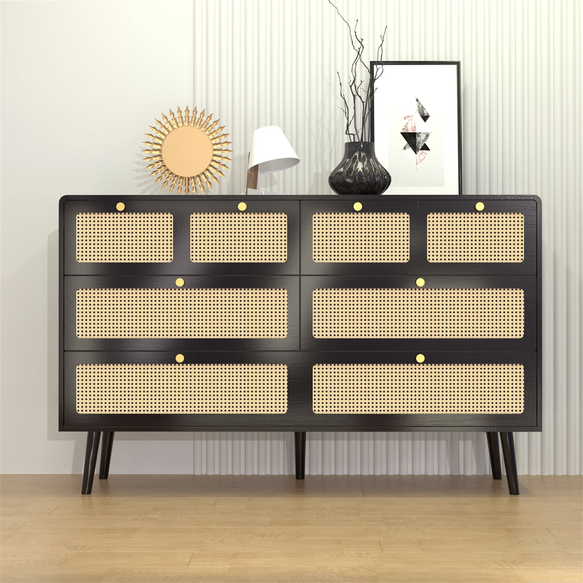 Kadyn 6 Drawer Dresser, Modern Rattan Dresser Chest with Drawers and Handles, Farmhouse Wood Storage Chest of Drawers