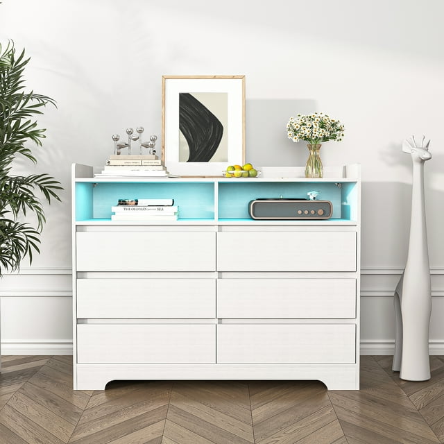 Kadyn 6 Drawer Dresser, White Dresser for Bedroom with LED Lights, Modern Dressers & Chests of Drawers