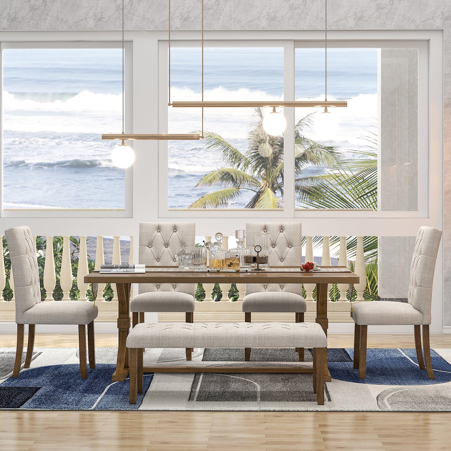 Kadyn 6-Piece Farmhouse Dining Table Set, 72" Wood Rectangular Table for Home Dining Room, 4 Upholstered Dining Chairs with Bench, Walnut