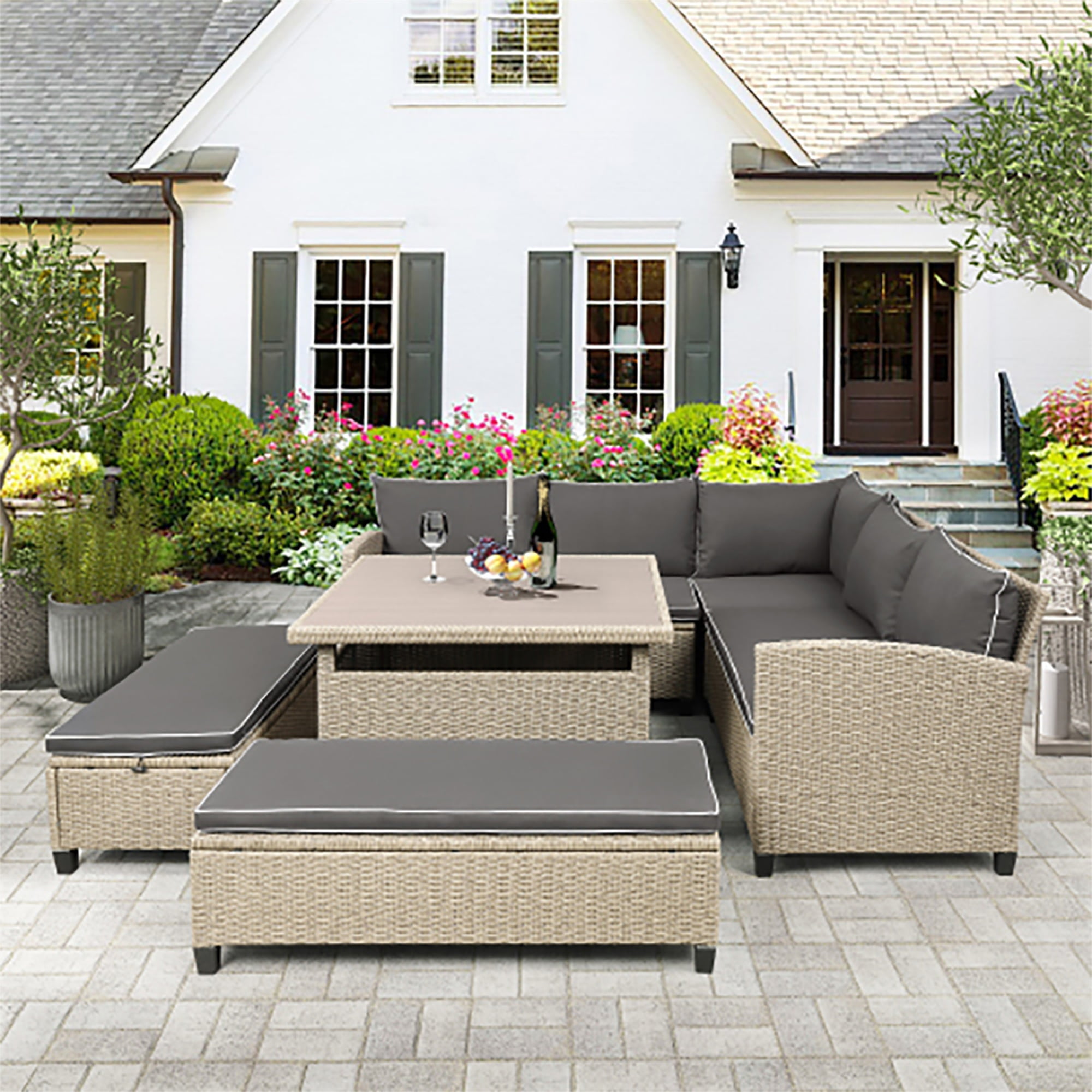 Kadyn 6 Piece Outdoor Patio Furniture Set, Sofa Sectional with Table and Chairs, All Weather Wicker Conversation Set, Gray Kadyn 6 Piece Outdoor Patio Furniture Set, Sofa Sectional with Table and Chairs, All Weather Wicker Conversation Set, Gray