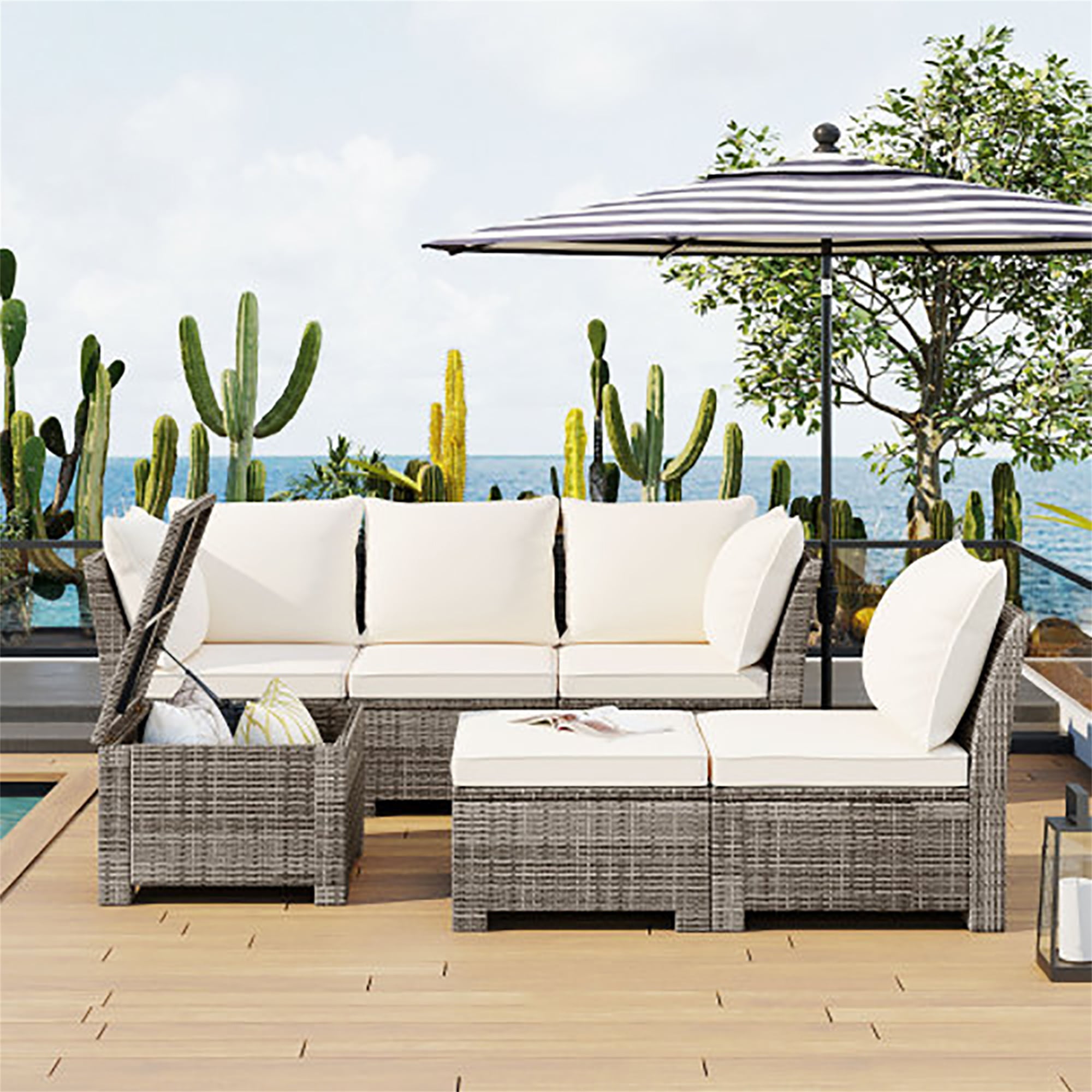Kadyn 6-Piece Outdoor Sofa Set, PE Wicker Rattan Sofa with 2 Corner Chairs, 2 Single Chairs, 1 Ottoman and 1 Storage Table, All-weather Conversational Furniture, Beige