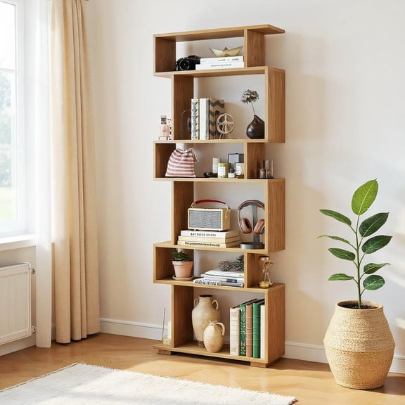 Kadyn 6-Tier Geometric Open Bookshelf Modern Display Shelving Unit with 2 Anti-Tipping Kits Stable Frame for Home Office Study Living Room Storage Furniture, Natural