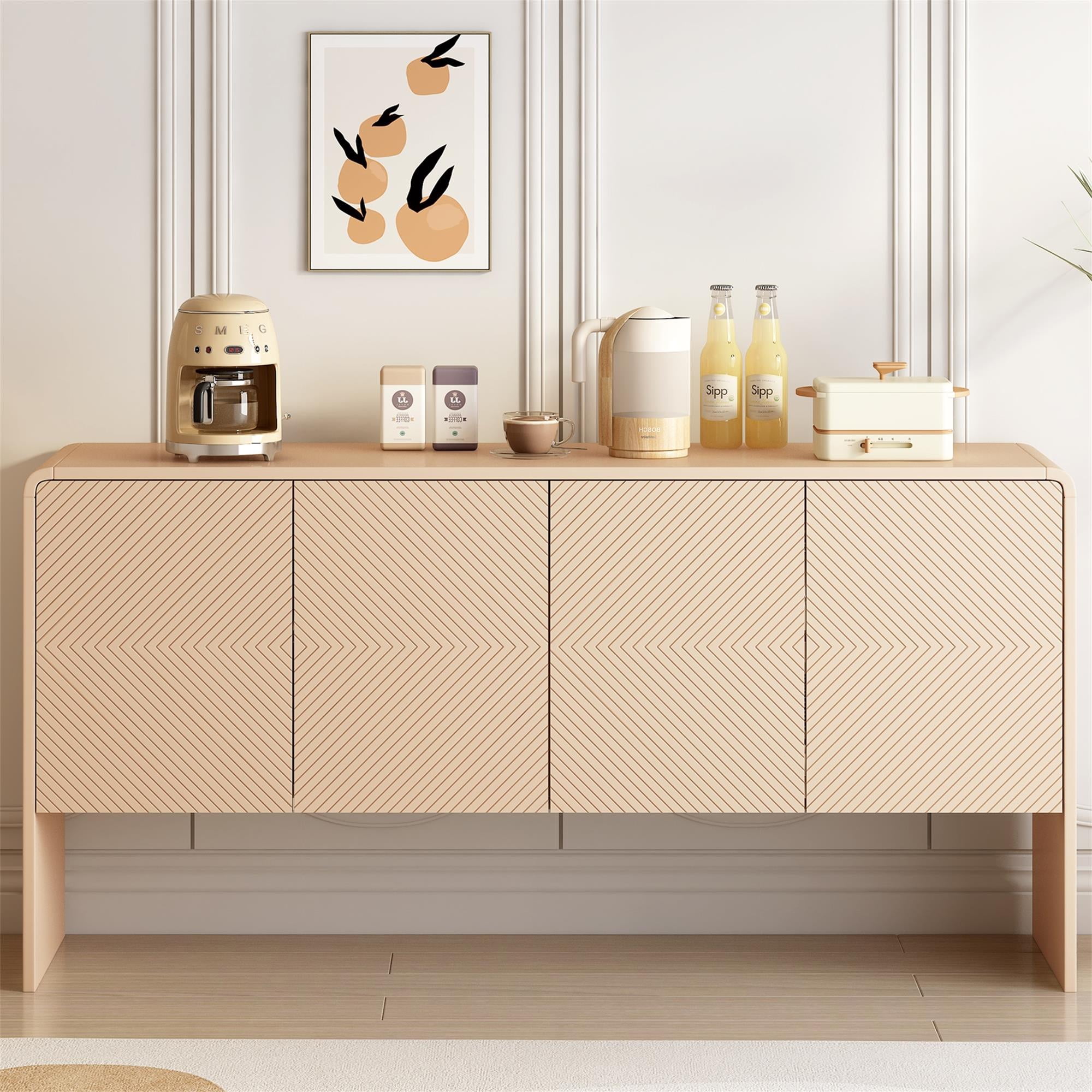Kadyn 60"L Large Storage Space Sideboard, Sideboard Buffet Cabinet with 4 Doors, Floor Storage Cabinet for Living Room, Apricot Cream Kadyn 60"L Large Storage Space Sideboard, Sideboard Buffet Cabinet with 4 Doors, Floor Storage Cabinet for Living Room, Apricot Cream