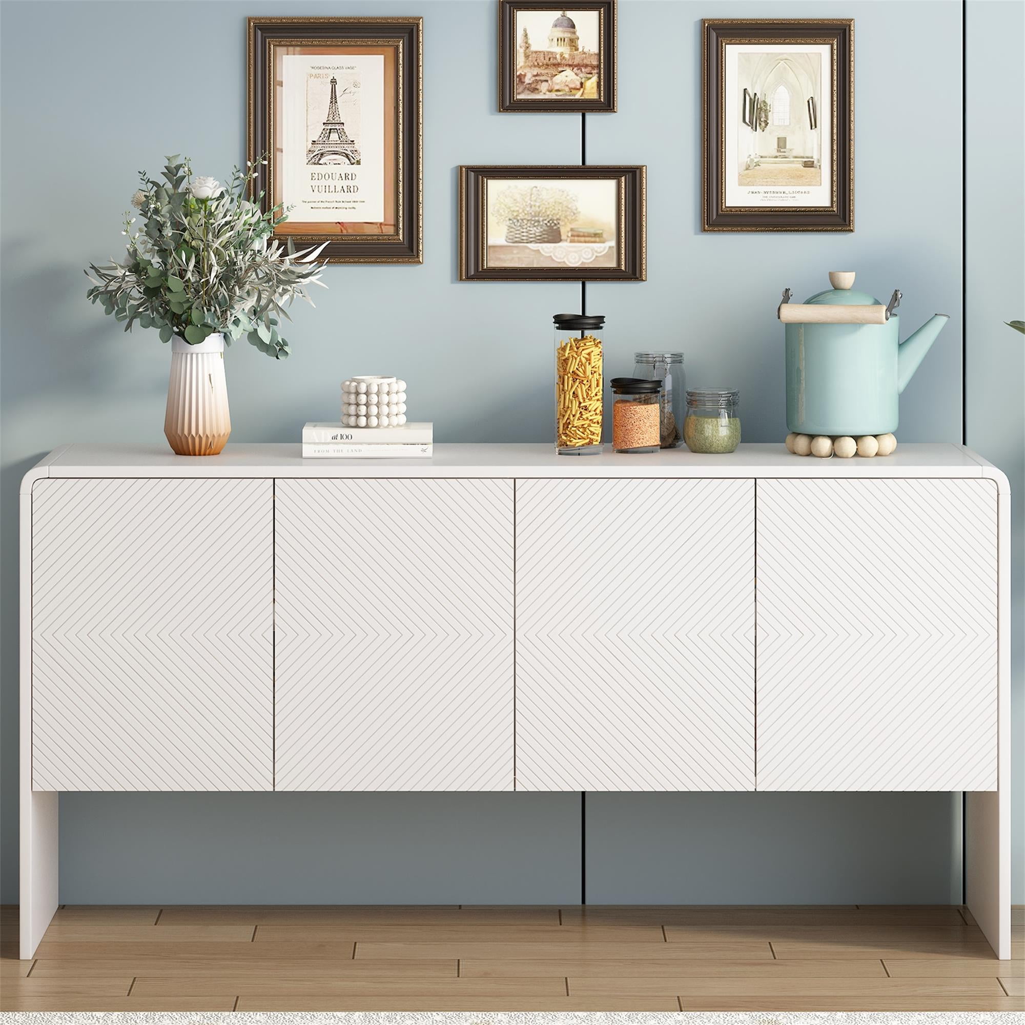 Kadyn 60"L Large Storage Space Sideboard, Sideboard Buffet Cabinet with 4 Doors, Floor Storage Cabinet for Living Room, White