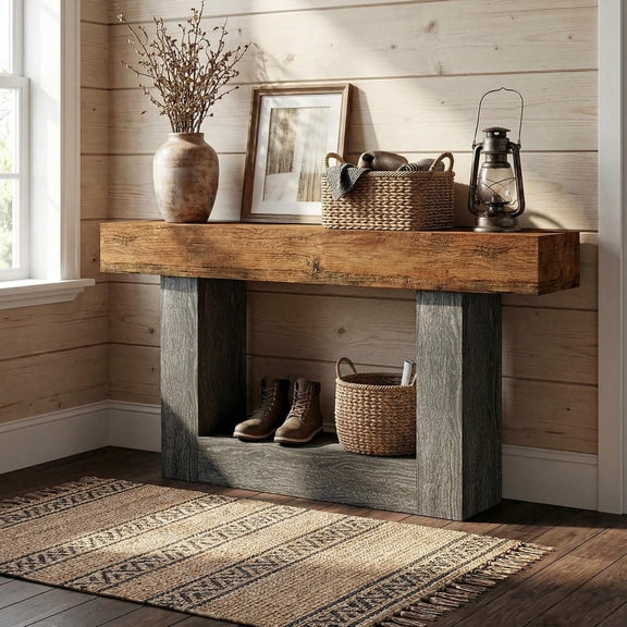 Kadyn 63" Console Desk Table with U-Shaped Base, Farmhouse 2-Tier Side Table with Locking Wall System, Narrow Long Wood Entryway Table for Living Room, Hallway, Foyer, Vintage Brown&Gray