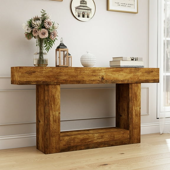 Kadyn 63" Console Table with U-Shaped Base, Farmhouse 2-Tier Entryway Table with Locking Wall System, Narrow Long Wood Console Desk Table for Living Room, Hallway, Foyer, Vintage Brown
