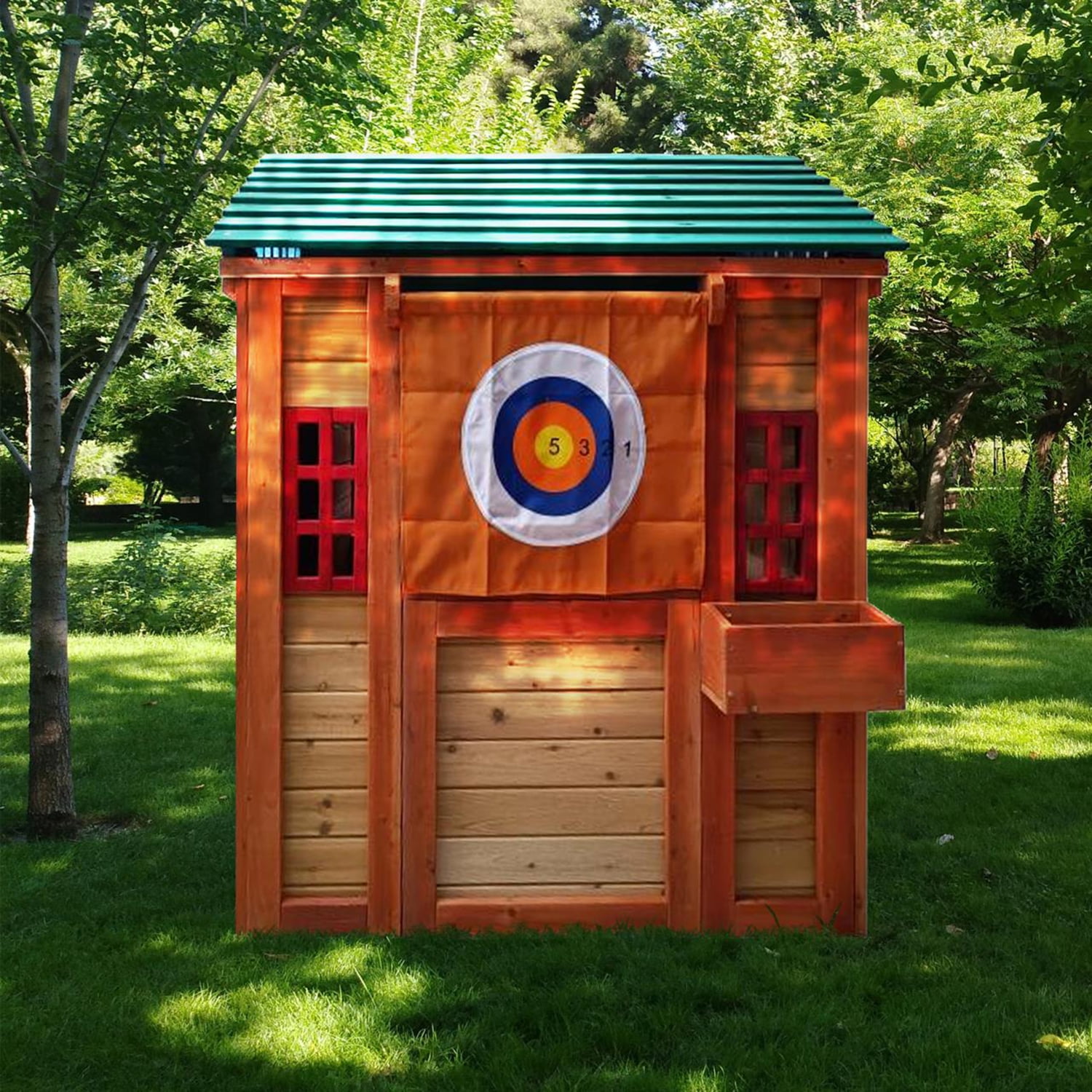 Kadyn 64.17" Outdoor Wooden 4-in-1 Game House, Outdoor Playhouse for kids garden playhouse with different games on every surface, Golden