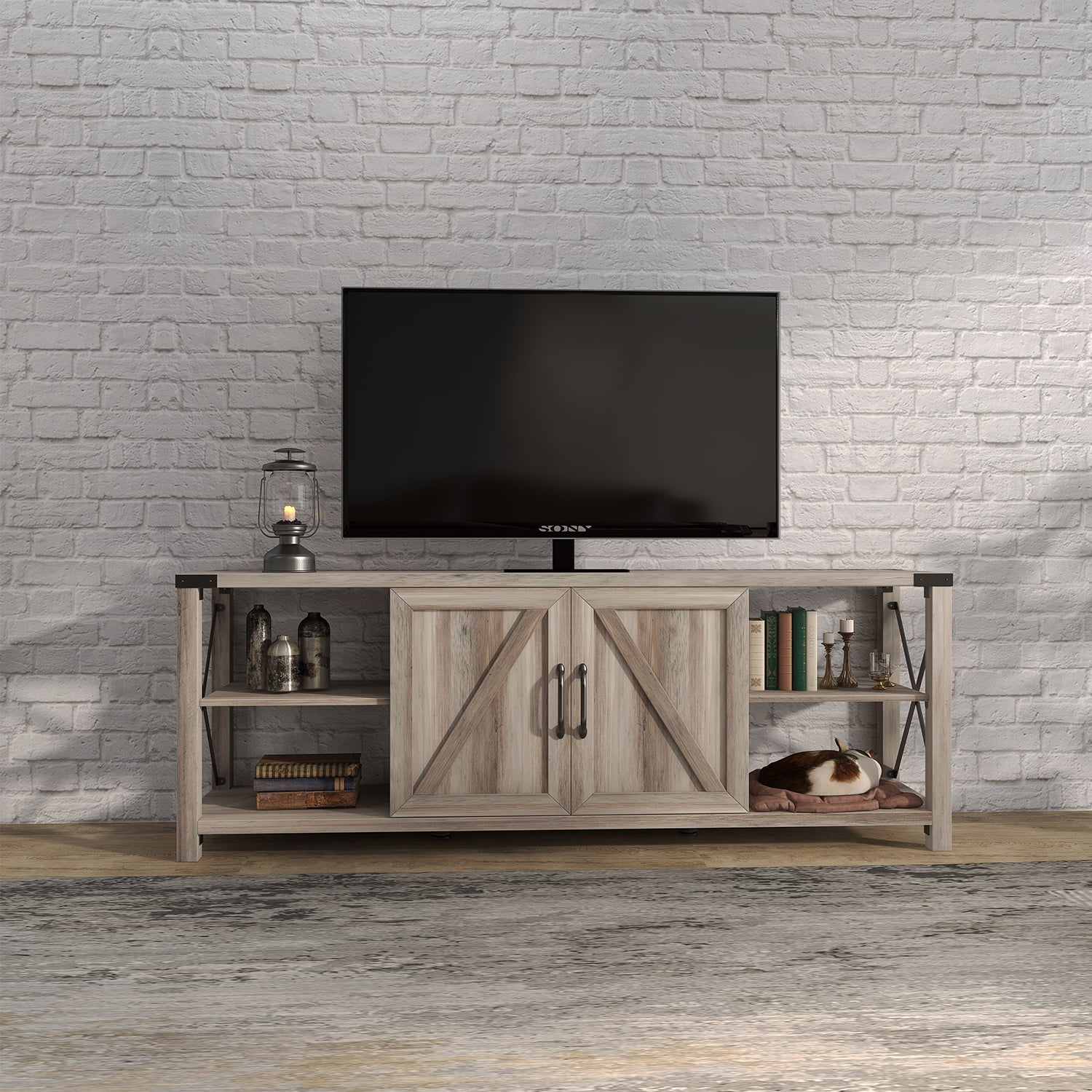 Kadyn 68" TV Stand, Wood Metal TV Console with Storage Cabinets and Shelves, Particle Board TV Stand for Televisions Up to 78", Antique Grey White Kadyn 68" TV Stand, Wood Metal TV Console with Storage Cabinets and Shelves, Particle Board TV Stand for Televisions Up to 78", Antique Grey White