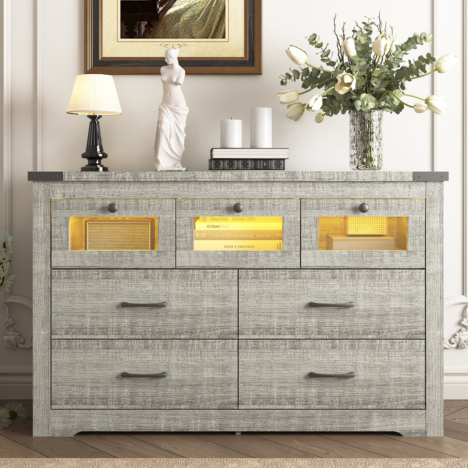 Kadyn 7 Drawer Dresser, Sideboard Storage Cabinet with LED Light, Chest of Drawers for Hallway, Cement Grey