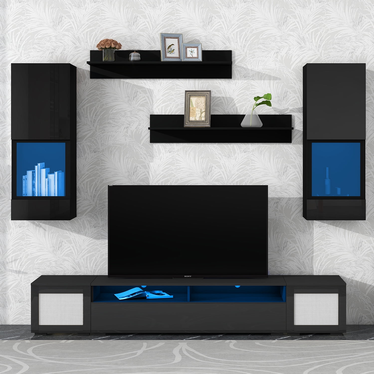 Kadyn 7 Pieces Floating TV Console Table Set, Rattan TV Stand Console for TVs Up to 90”, High Gloss Wall Mounted TV Stand with Color Changing LED Lights for Home Theatre, Black