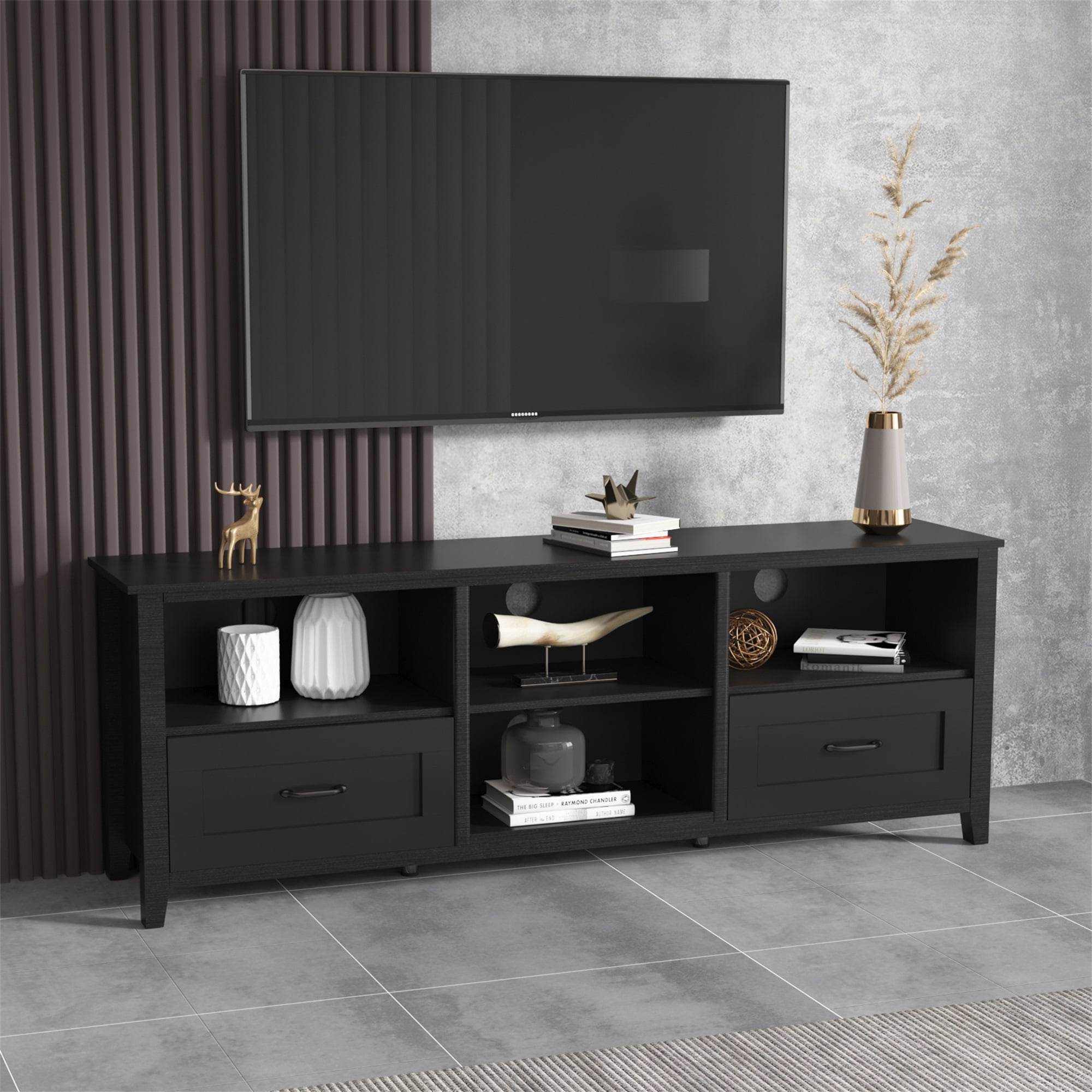 Kadyn 70.08" Black TV Stand, Entertainment Center TV Console for Living Room, TV Console Table with 2 Drawers and 4 High-Capacity Storage Compartment.