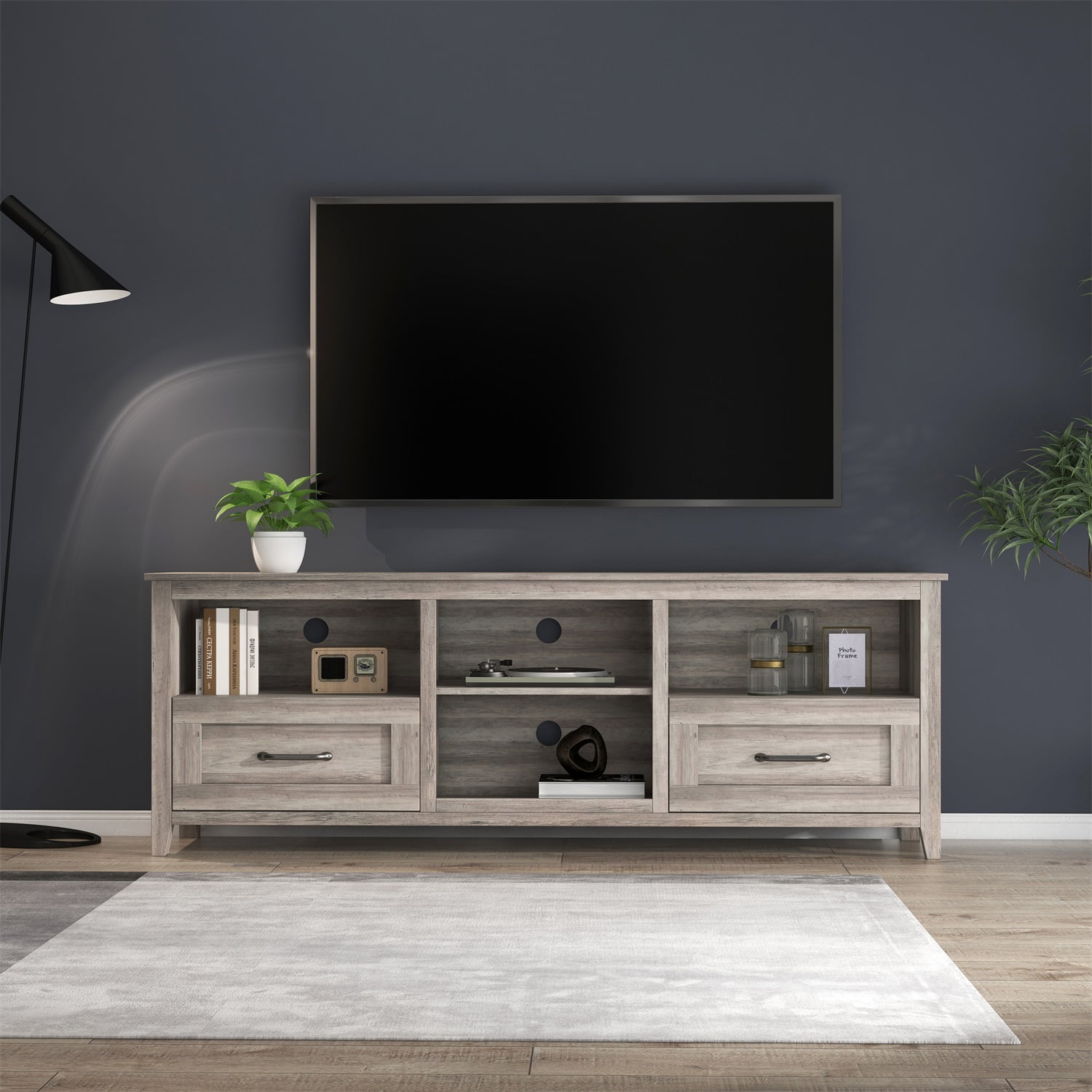Kadyn 70.08 Inch Length TV Stand, Particle Board TV Entertainment Center with 2 Drawers and 4 High-Capacity Storage Compartment, Modern TV Console Table for TV up to 60", Grey